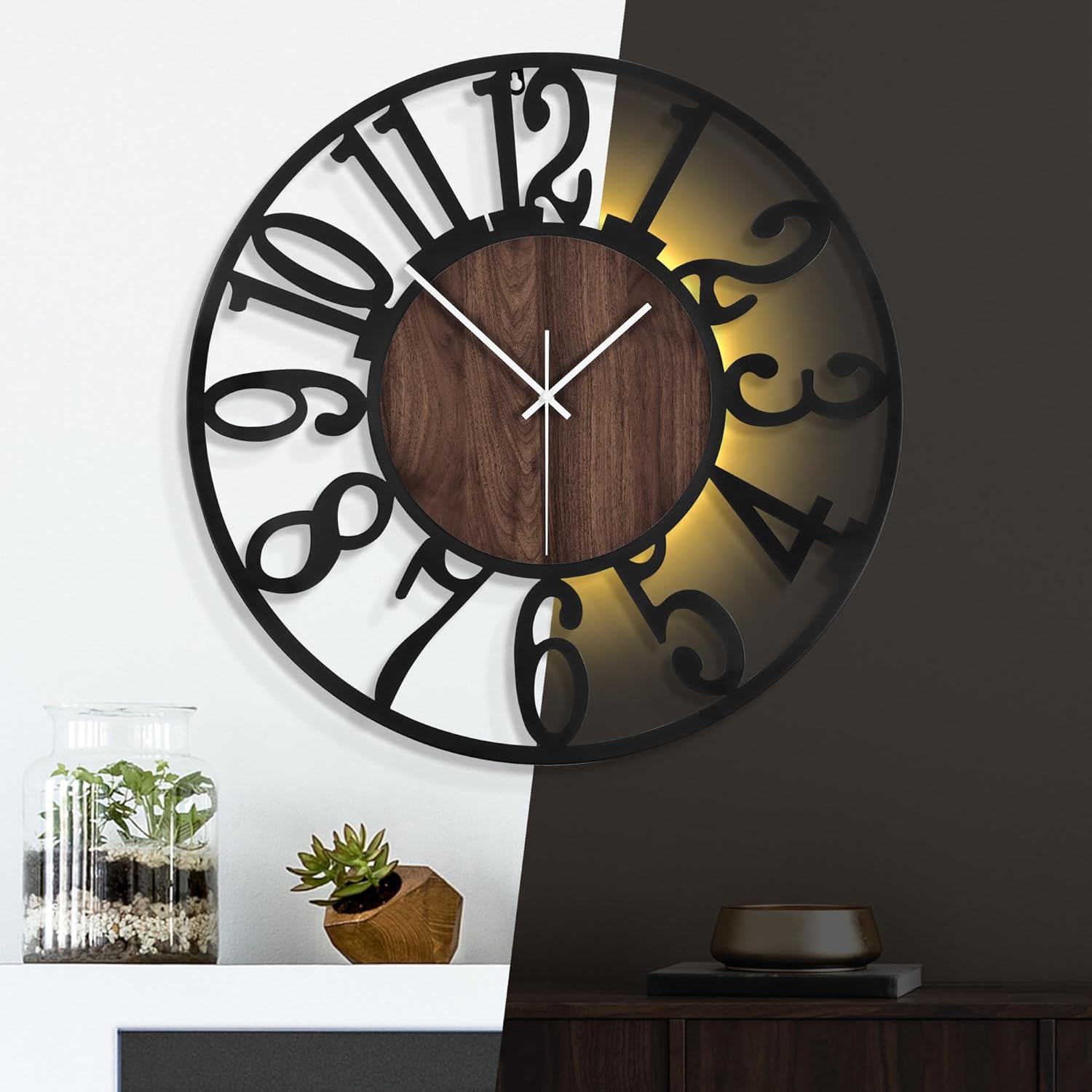 24 Inch Large Metal Wall Clock with Voice and Light Sensor Night Light, Glow in The Dark Non-Ticking Silent Battery Operated Decorative Oversized Wall Clock for Bedroom Living Room Decor