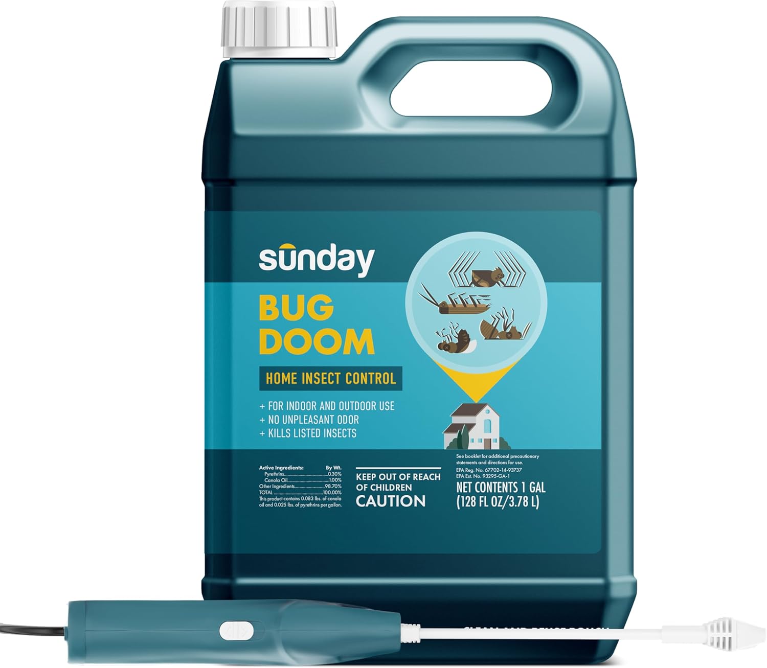Sunday Bug Doom - Home Insect Spray - Outdoor Insect Repellent - Botanically Derived Formula - 1 Gallon Bottle & Wand Sprayer