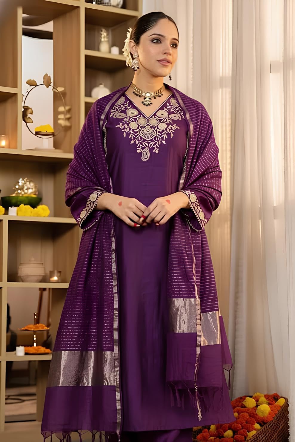 Women Embroidery Solid Straight Kurta & Pant Set with Dupatta | Salwar Suit Set - Indian Ethnic Traditional Wear Kurta Set