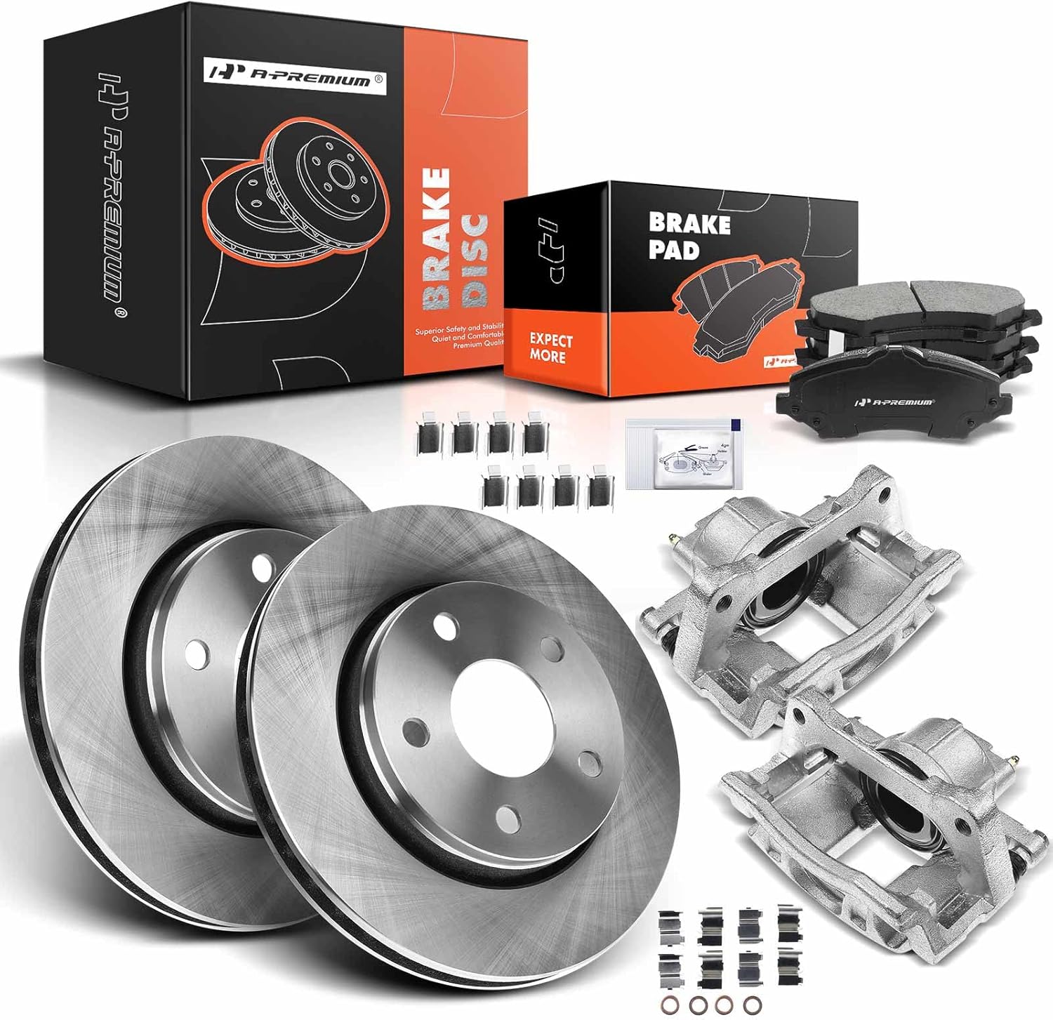 A-Premium Front Disc Brake Rotors and Ceramic Pads Kit with Calipers Compatible with Jeep Wrangler 2007 2008 2009 2010 2011 2012 8-PC Set