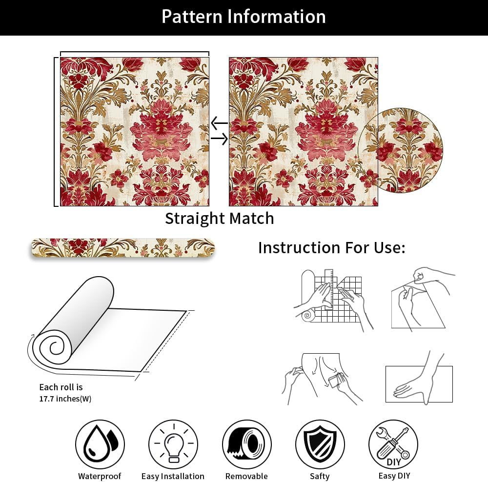 18"x236" Classical Beige Red Damask Flower Retro Peel and Stick Self Adhesive Wallpaper Removable Contact Paper Stick on Easy Peel Off Wall Paper for Kitchen Bedroom Bathroom Renter