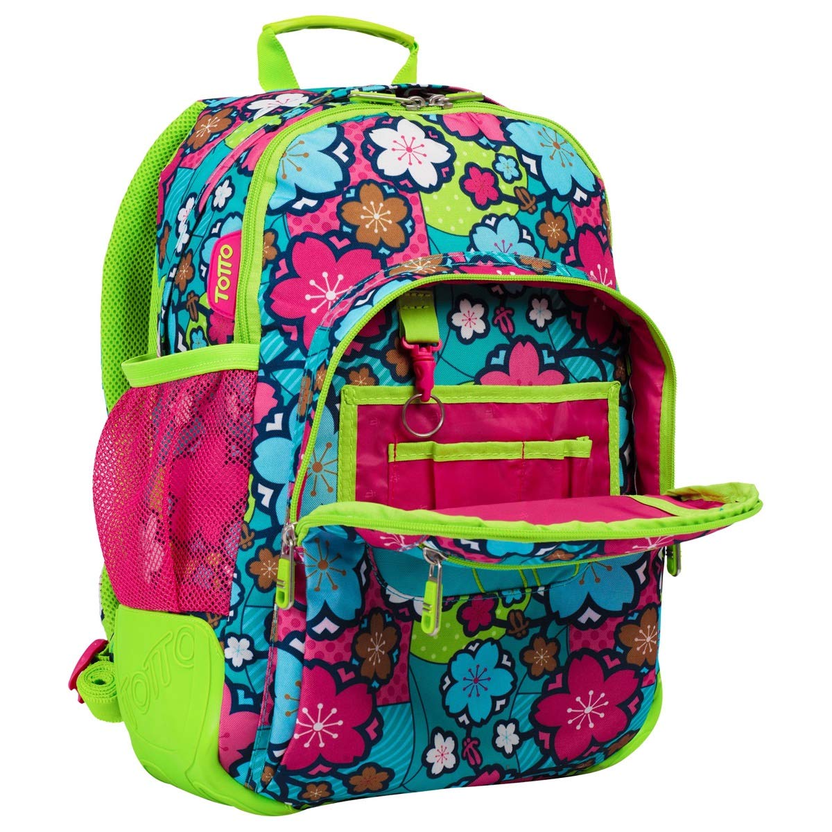 Totto - Zaino per la scuola, modello Crayoles, capacità 20 L, beauty case e borsa per scarpe removibili, tasca per bottiglia, schienale ergonomico con flusso d'aria, stampa fiori verdi
