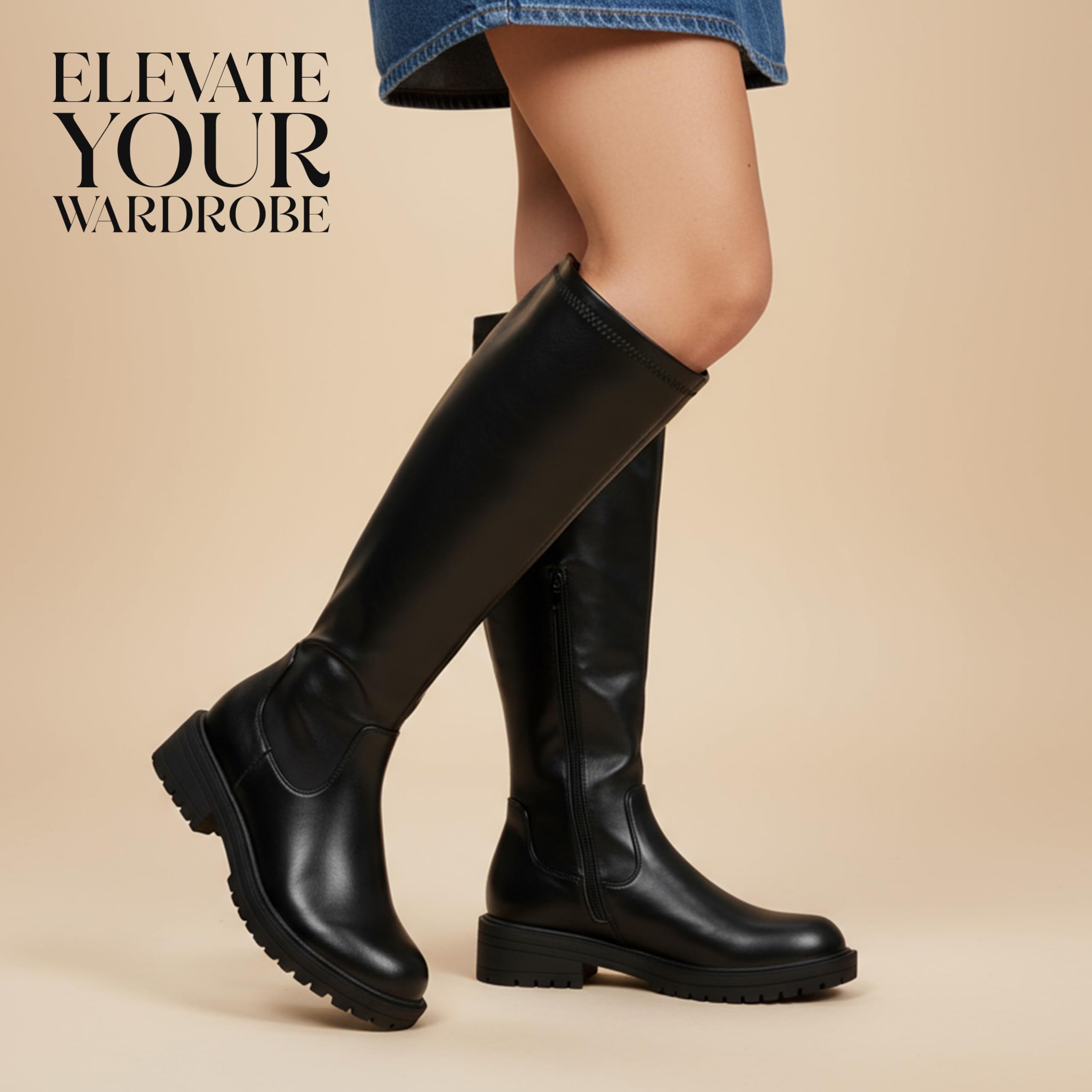 VIVASHOES Women's Black Knee High Flat Riding Boots Stretch – Faux Leather Winter Booties for Women, Slip-Resistant Chunky Sole, Low Heel Comfort Shoes – Stylish Everyday Tall Boots - Black 5