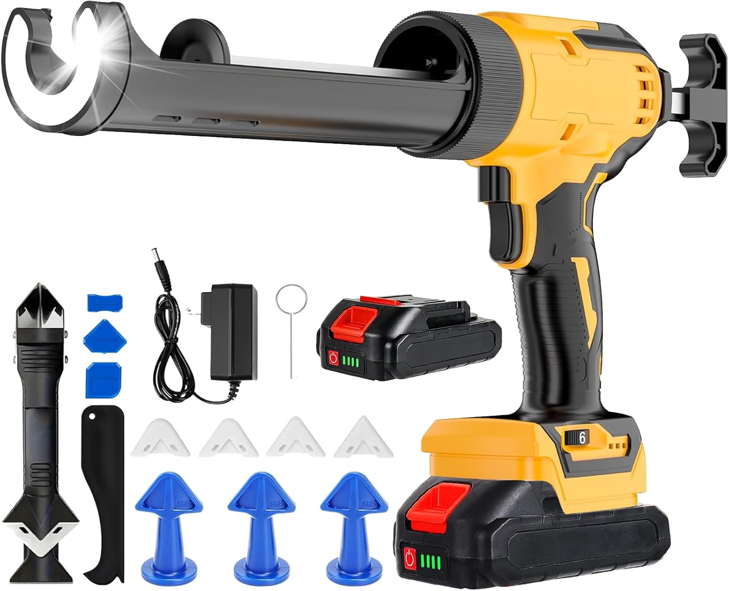 Cordless Caulking Gun, Electric Caulk Gun w/2.0Ah Battery, Compatible with De-Walt 20V Max Battery, 10oz Battery Powered Caulk Gun, 12Pcs Silicone Caulking Tools, 6 Speed for Filling, Sealing, Repair