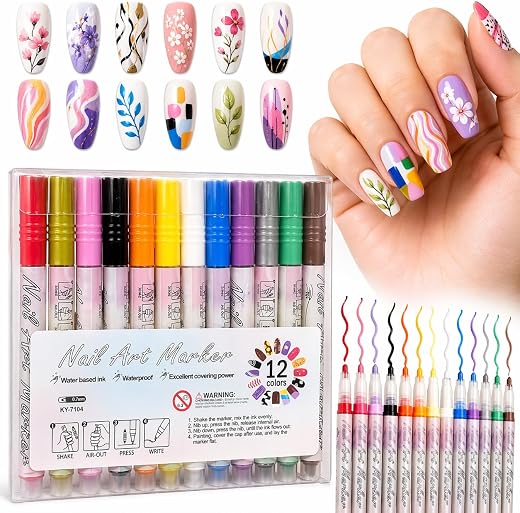 Nail Art Marker Pens Set of 12 Colors | Water-Based Nail Design Pens | Fine Tip 0.5mm | Quick Dry, Waterproof | DIY Nail A...