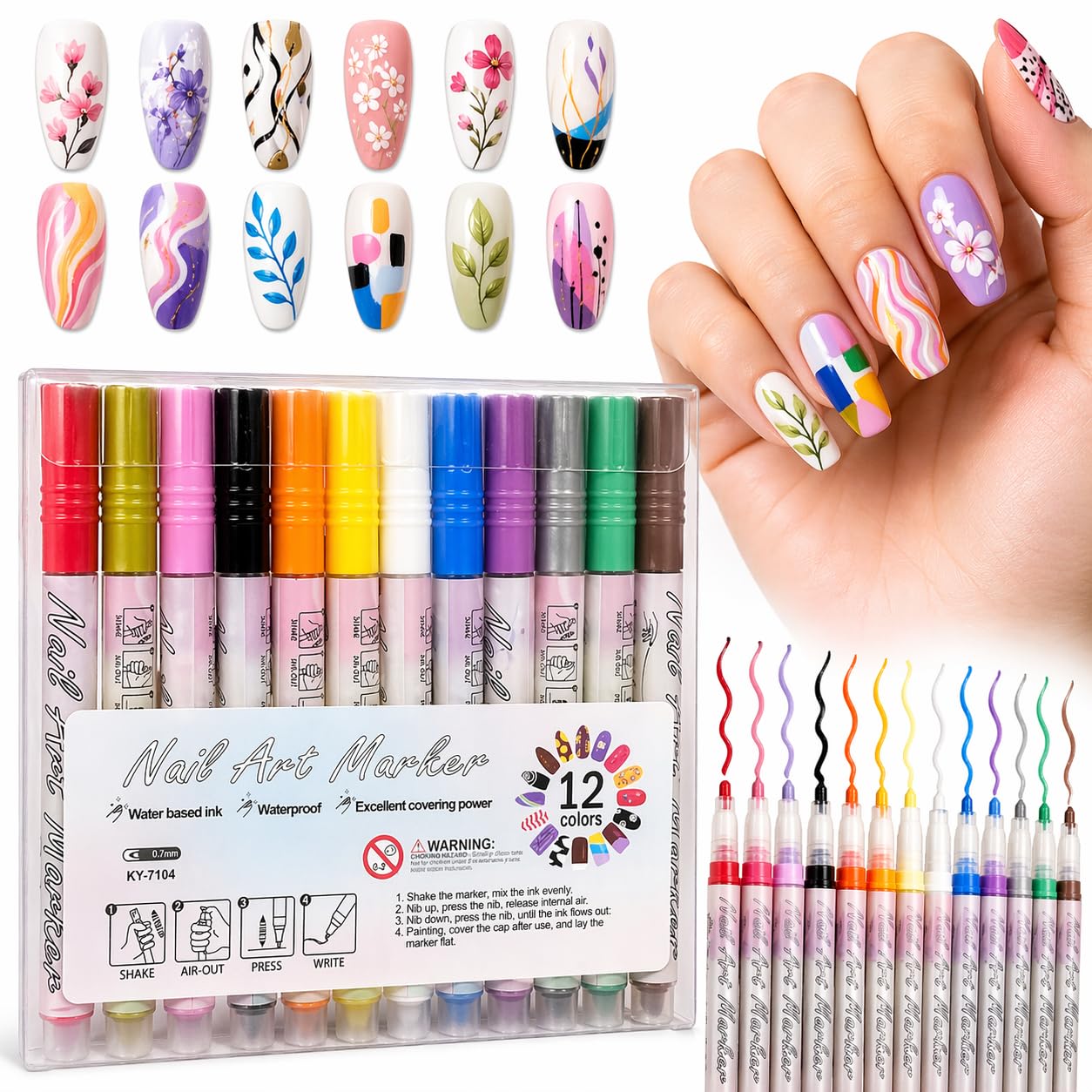 Nail Art Marker Pens Set of 12 Colors | Water-Based Nail Design Pens | Fine Tip 0.5mm | Quick Dry, Waterproof | DIY Nail Art Kit for Women & Girls-image-27