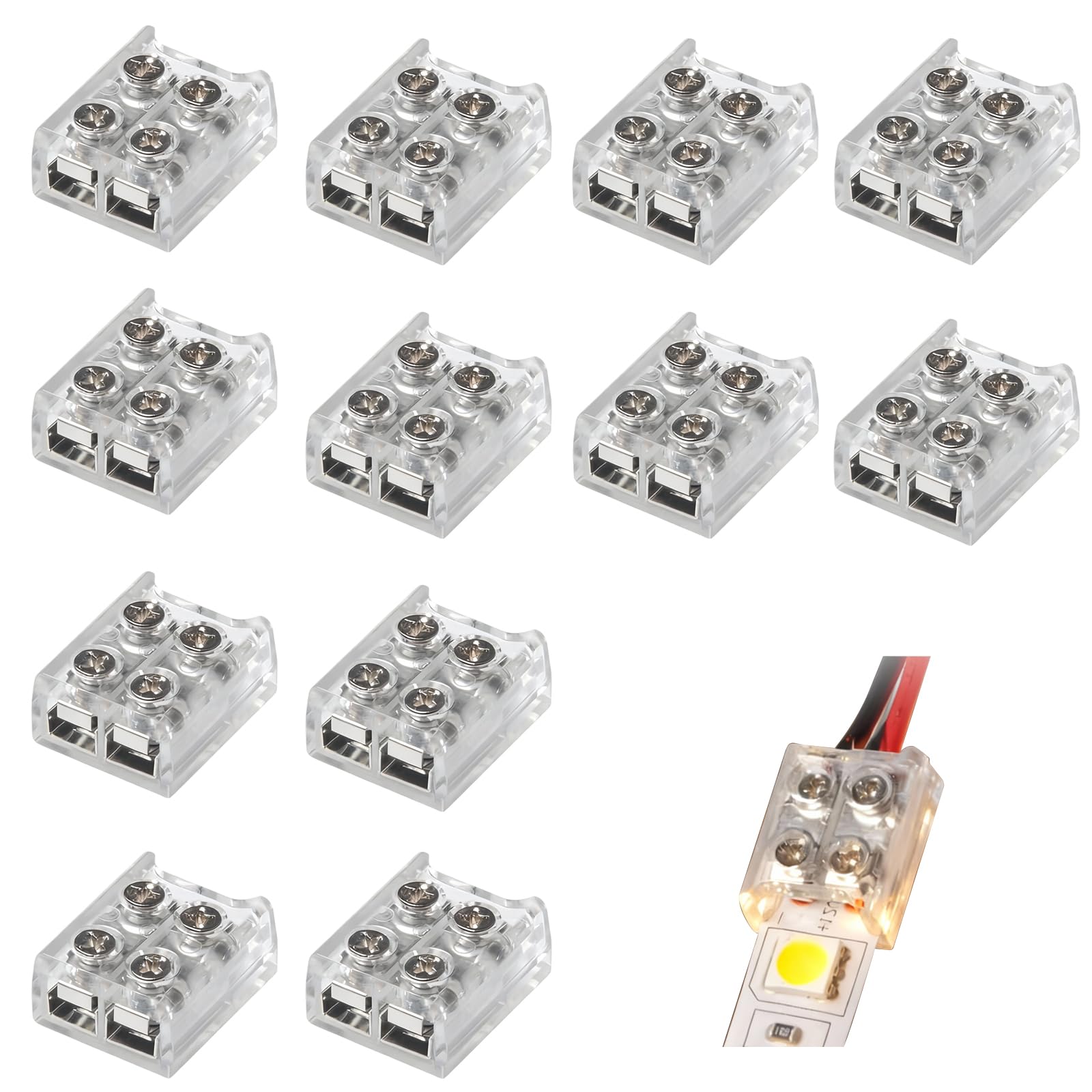 Koprek 12 Pack 2 Pin 8mm Led Light Strips Connectors, Screw Strip to Wire Connector, Solderless Transparent LED Tape Lights Connector, Suitable for Most 5V, 12V and 24V SMD or COB LED Strips