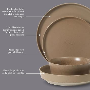Gibson Elite Overbrook 16-Piece Pottery Clay Stoneware Dinnerware Set Terraccotta Brown Reactive Glaze, Stackable Plates and Bowls w/Pasta Bowl, Service for 4 Microwave & Dishwasher Safe