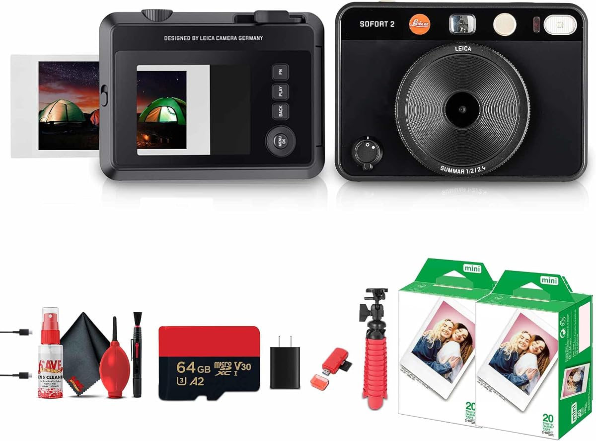 Cámara instantánea SOFORT 2: 100 años de Leica Edición limitada, impresión digital e instantánea híbrida, diseño premium + MicroSD de 64 GB + trípode flexible + película instantánea 2X (paquete de 2X 10) + más