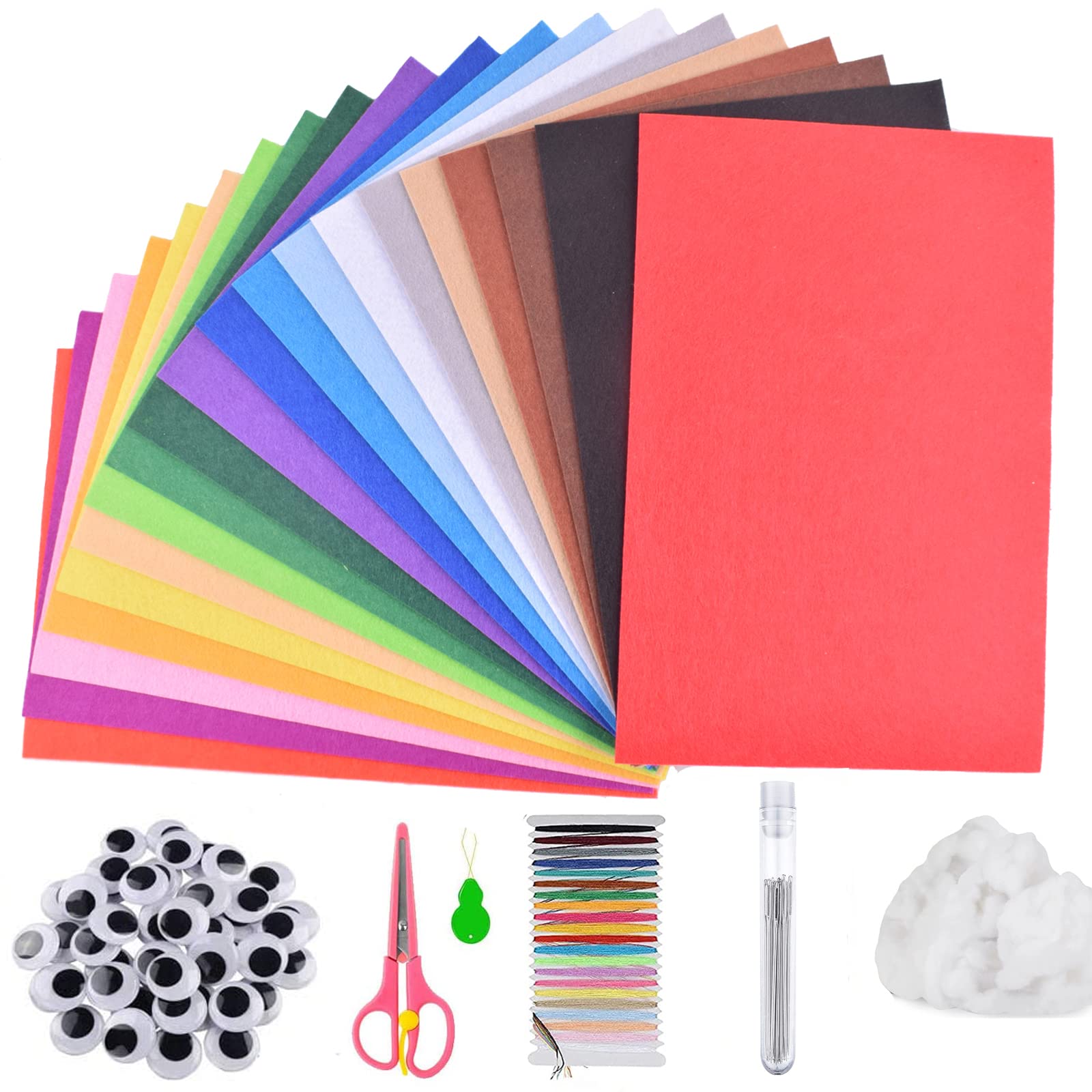 Full Felt Fabric Sheets Craft Kit, 20Pcs 8"x 12" Assorted Color Craft Felt Sheets, with Wiggle Eyes, Embroidery Floss Etc for Crafts DIY, Home Decor, Sewing,School Projects