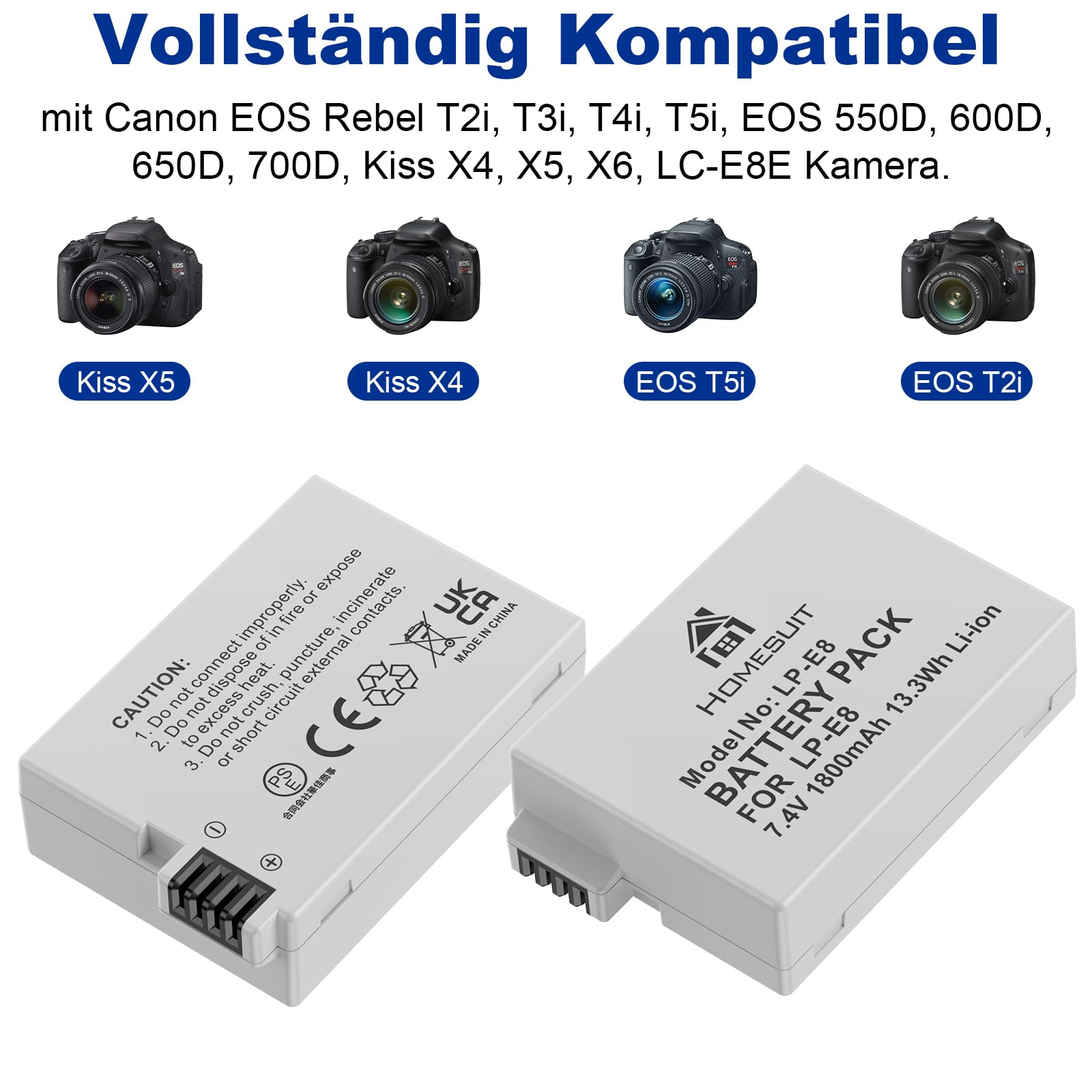 Homesuit LP-E8 Akku 1800mAh und LED USB Dual Ladegerät für Canon EOS Rebel T2i T3i T4i T5i EOS 550D 600D 650D 700D Kiss X4 X5 X6 X6i X7i Kamera (2er-Pack)