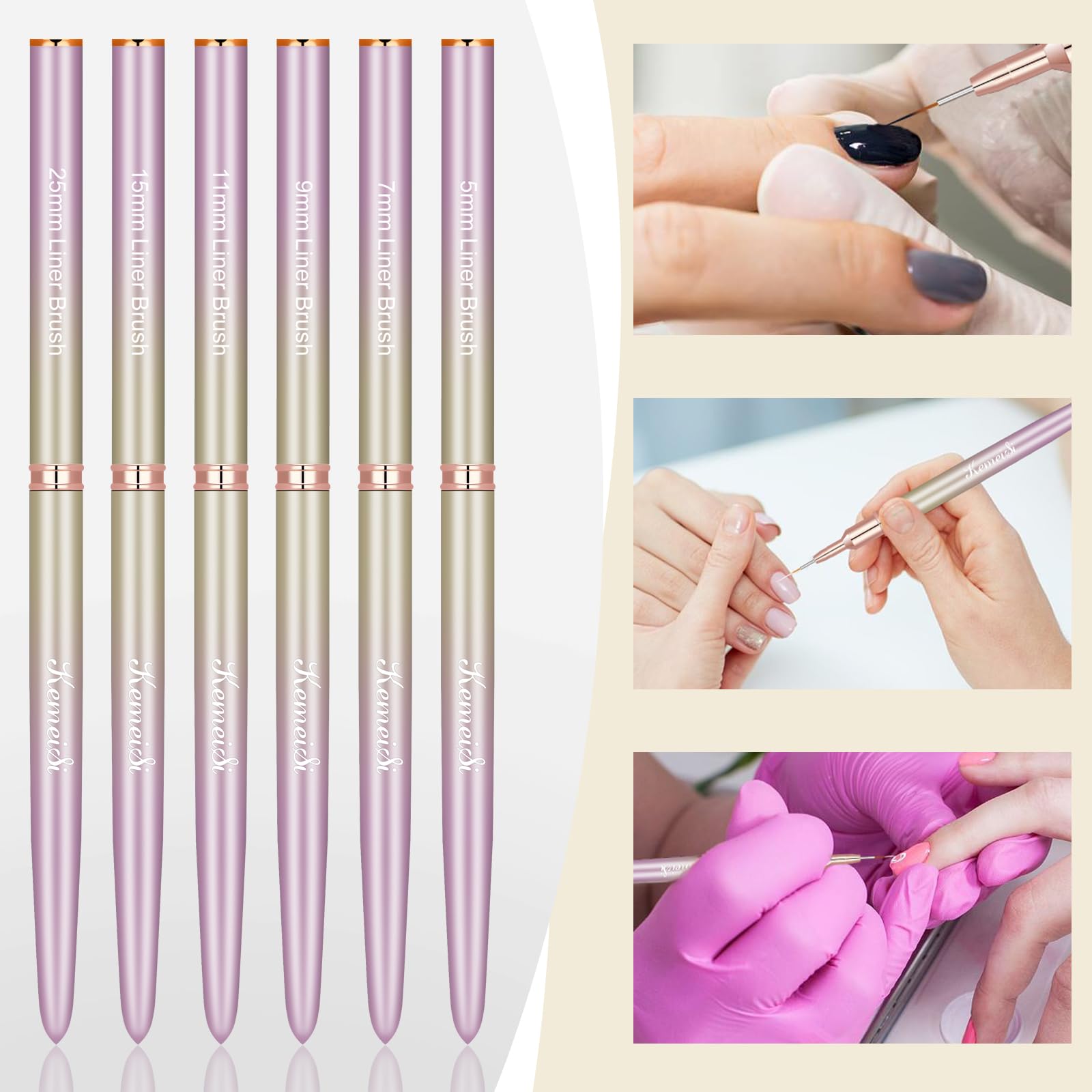 KEMEISI 6Pcs Nail Art Liner Brushes, Striping Nail Art Brush for Gel Polish Painting, Thin Detail Brush Fine Drawing Art Design Pen Size 5/7/9/11/15/25mm