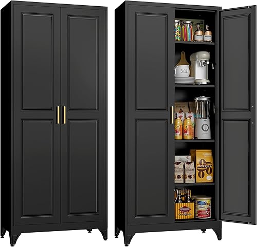 Miniatura 22 de Armario de almacenamiento de metal de 71 pulgadas de alto, armarios de almacenamiento de despensa de cocina con puertas y 4 estantes, armario de