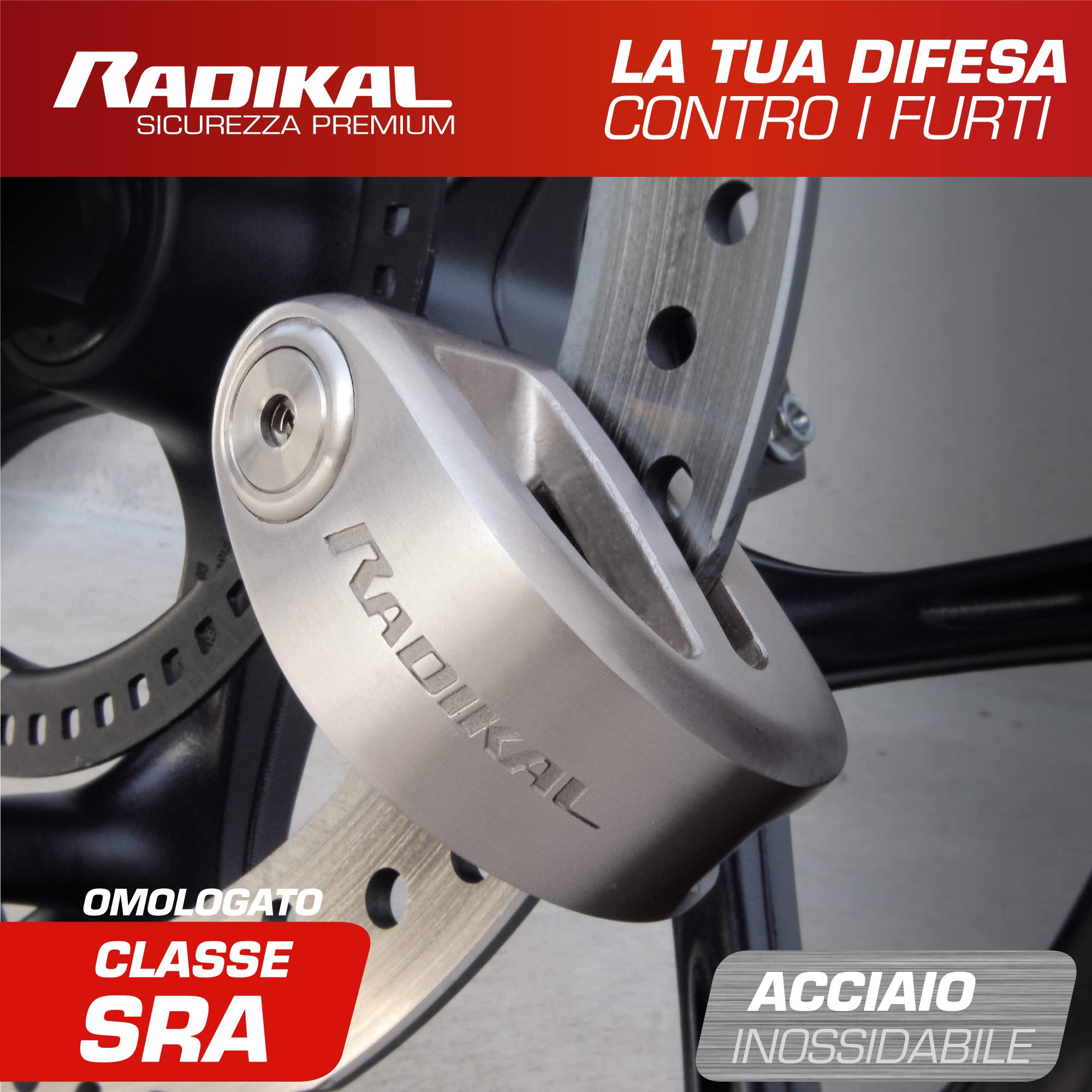 RADIKAL RK310S Blocca Disco per Moto, Sicurezza Premium, Antifurto Moto Omologato SRA, Doppio Bloccaggio Ø10, Acciaio Inossidabile, Esclusivo Design Doppio Ponte, Lucchetto Bloccadisco Scooter