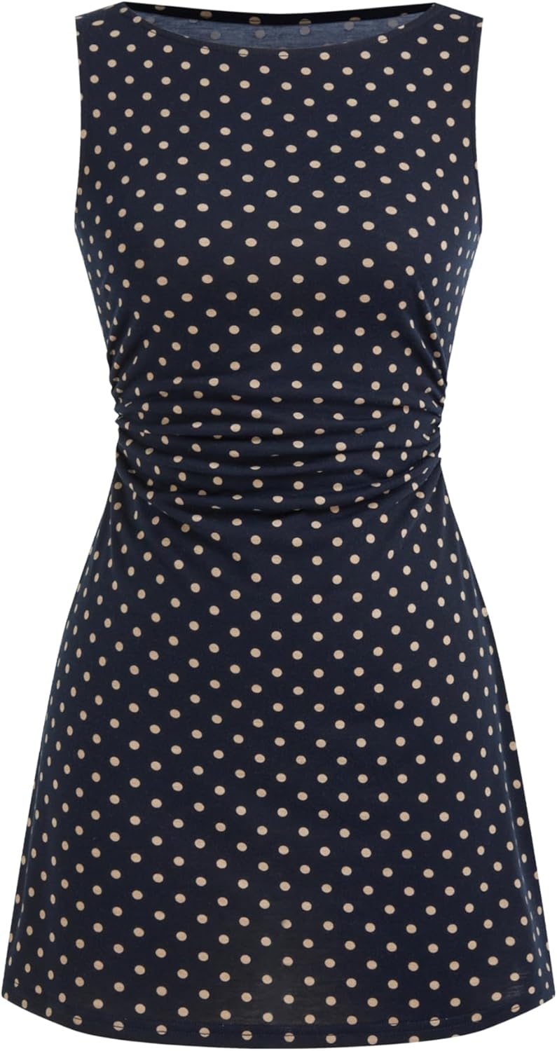 CIDER Mini Dress Polka Dot Ruched Bodycon Boat Neck Sleeveless Casual Elegant Party Date Slim Fit Dresses