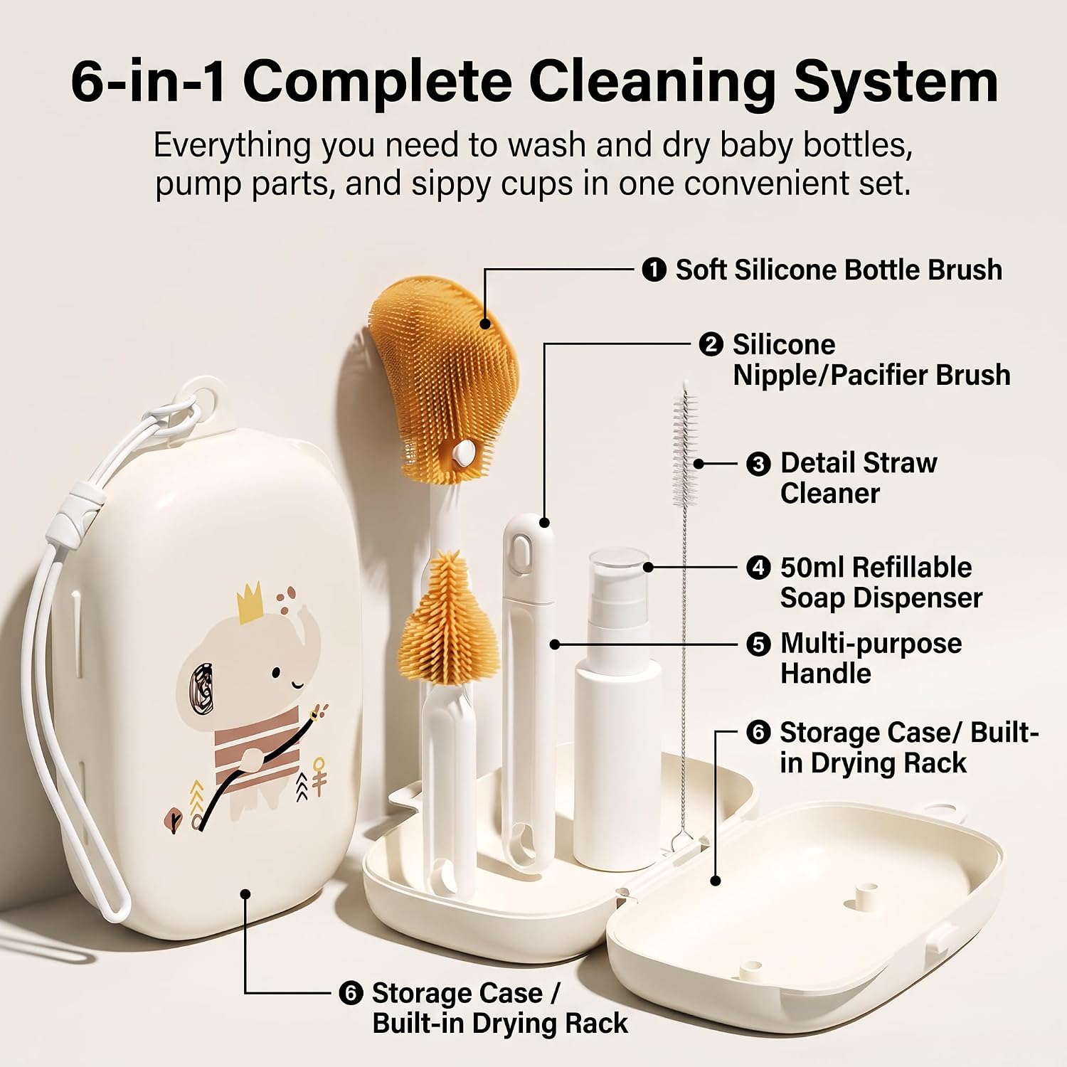 6-in-1 Silicone Bottle Brush Set – Baby Bottle Cleaning Set, White