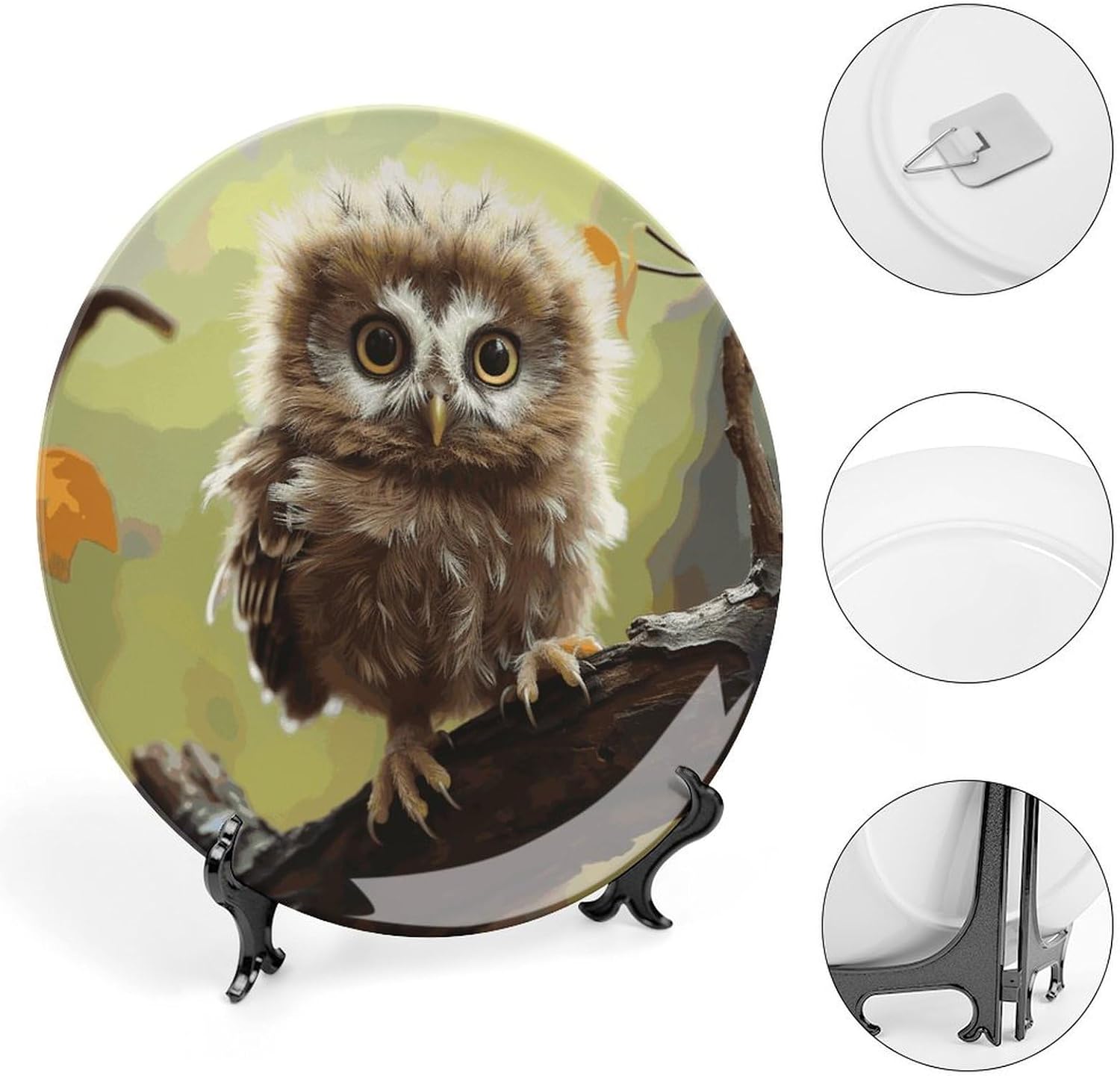Real Cute Baby Owls Decorative Plates for Display Round Porcelain Plate Living Room Table Ceramic Hanging Decorative Plate Art Decor for Living Room Table with 1 Display Stand 8inch