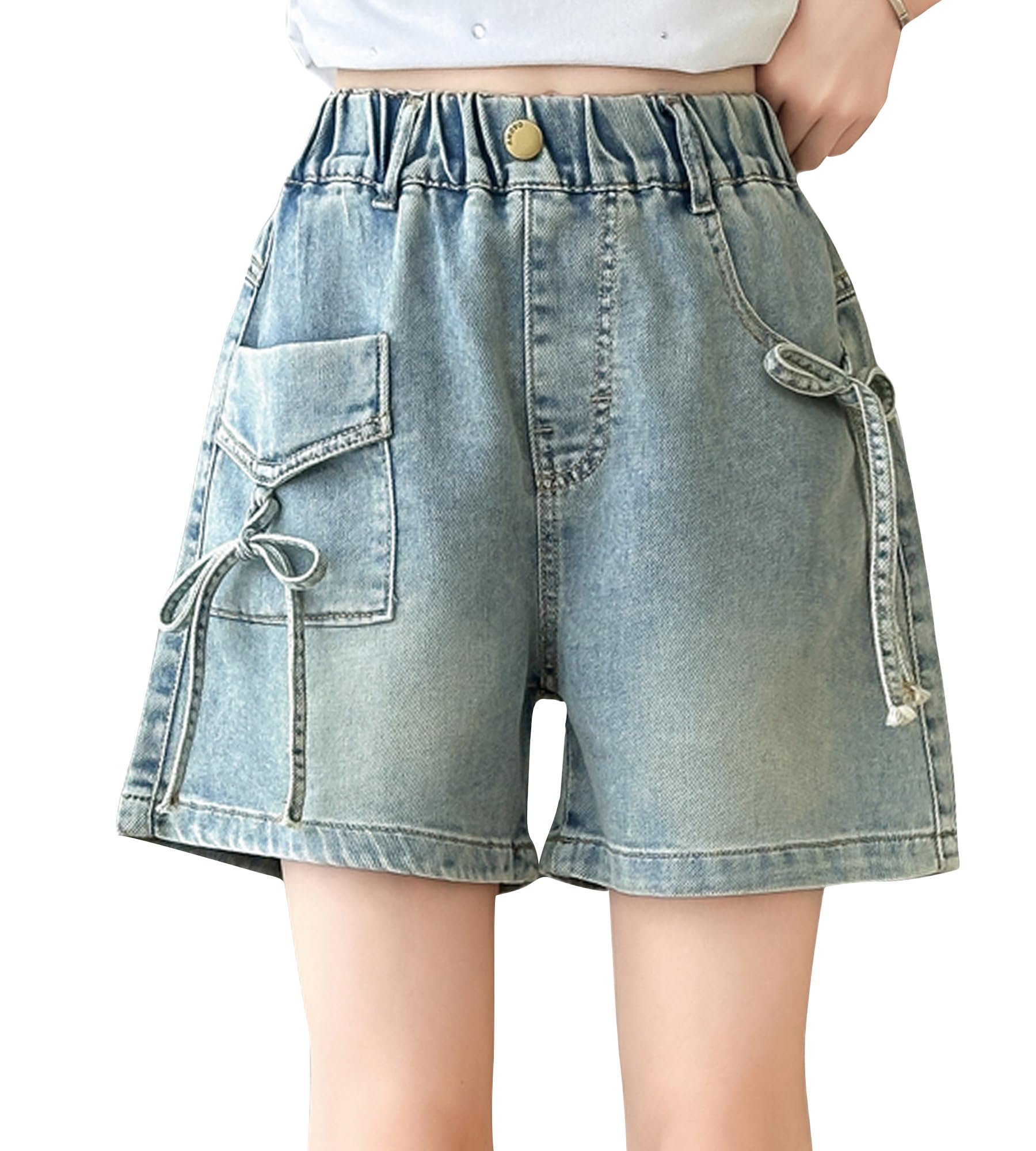 [AIEOE] キッズ ショートパンツ 子供服 女の子 デニムパンツ 綿 女児 ボトムス ハーフパンツ ジーンズ ウエストゴム ポケット付 短パン 夏 カジュアル 可愛い 通園通学 120 130 140 150 160 170