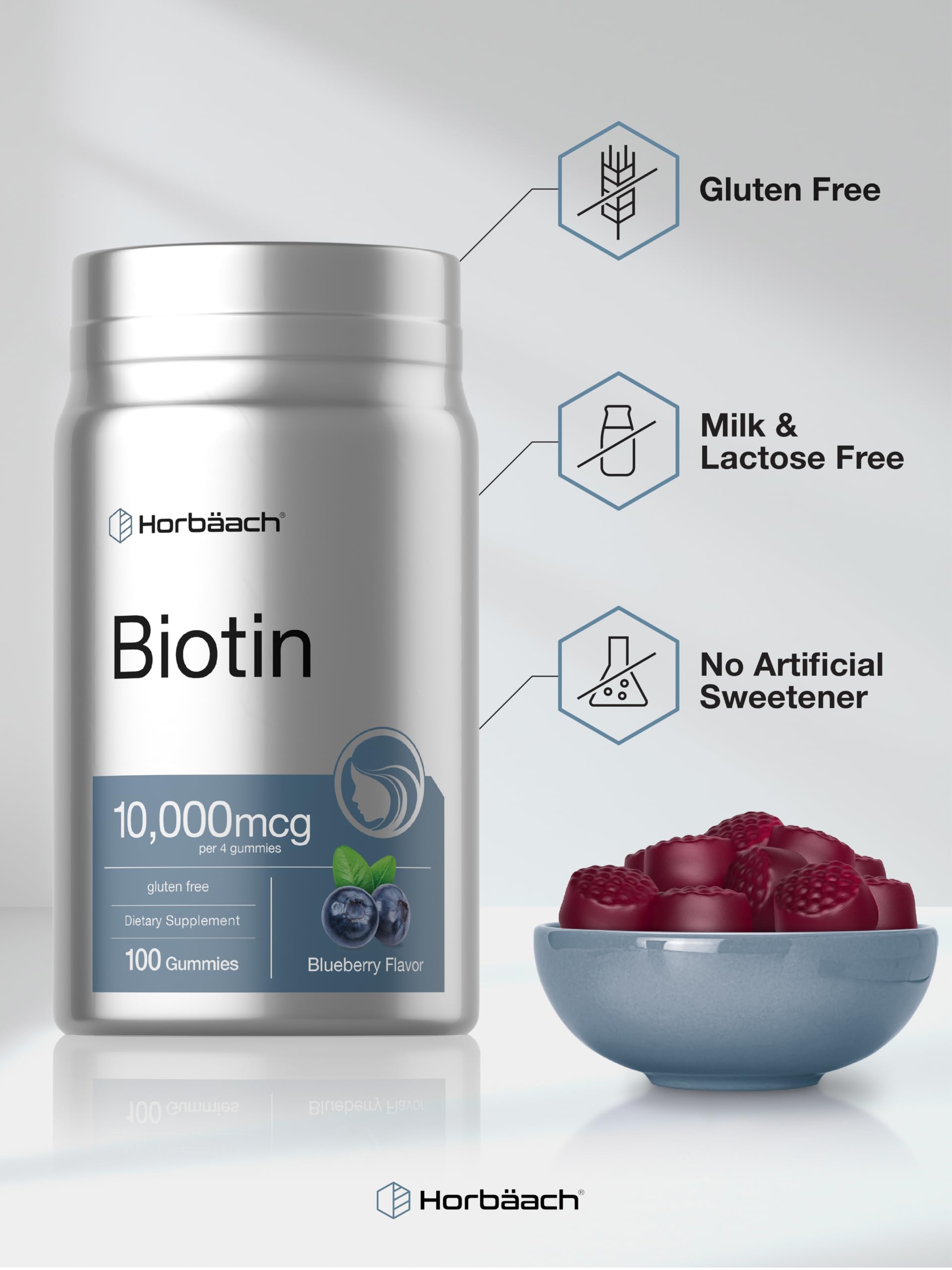 Horbäach Biotin 10000mcg Gummies | 100 Count | Blueberry Flavor — Amazon image 5