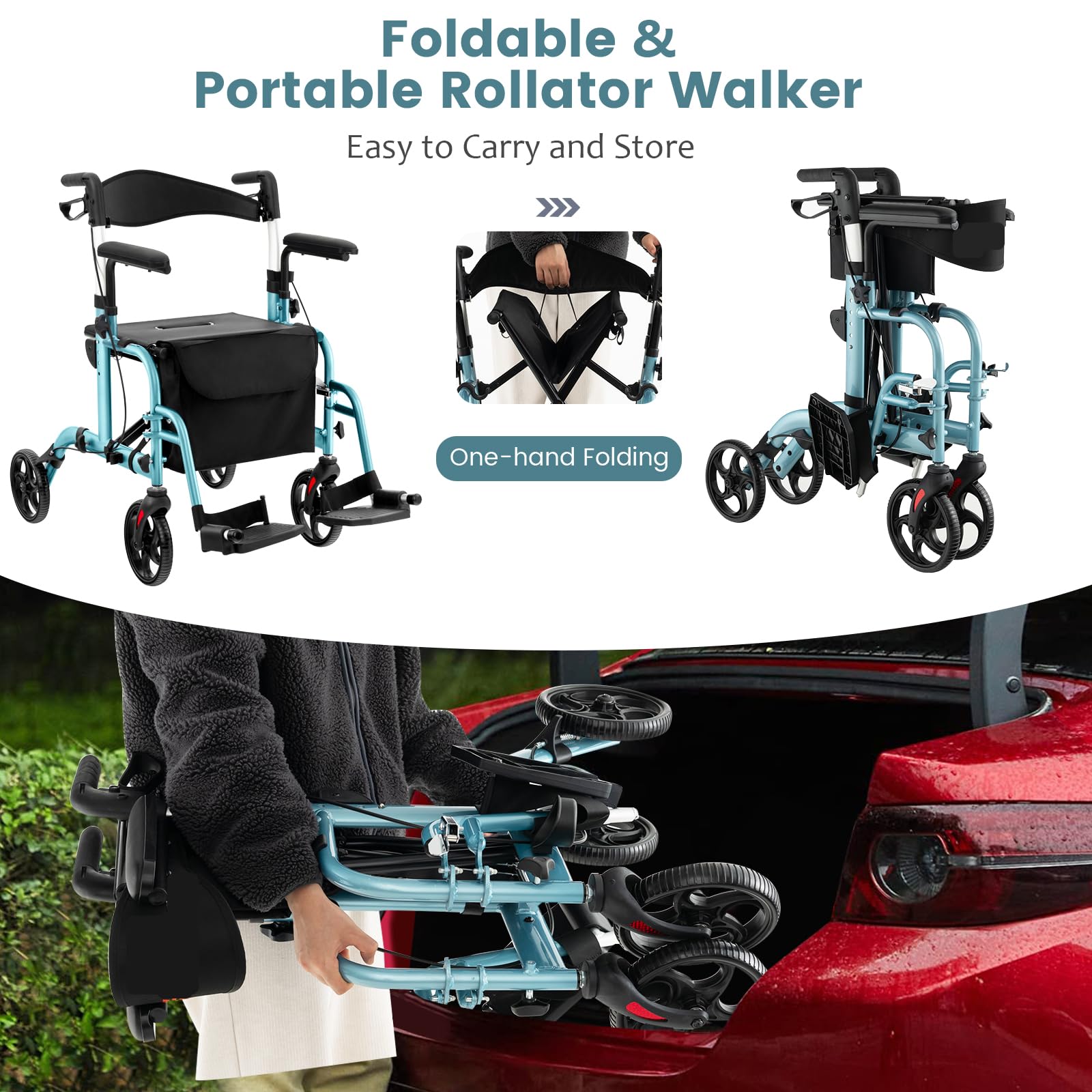 HOMASIS 2 in 1 Rollstuhl Rollator faltbar & leicht mit Sitz, Gehhilfe 6-fach höhenverstellbar, Alu Gehwagen bis 136kg, Reiserollator mit Stockhalter Tasche & Bremse, Laufhilfe für Senioren (Blau)