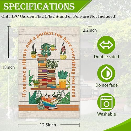 Miniatura 2 de Hafhue Bandera de jardín de bienvenida con texto en inglés "If You Have A Library And A Garden", de doble cara de 12 x 18 pulgadas, para decoración