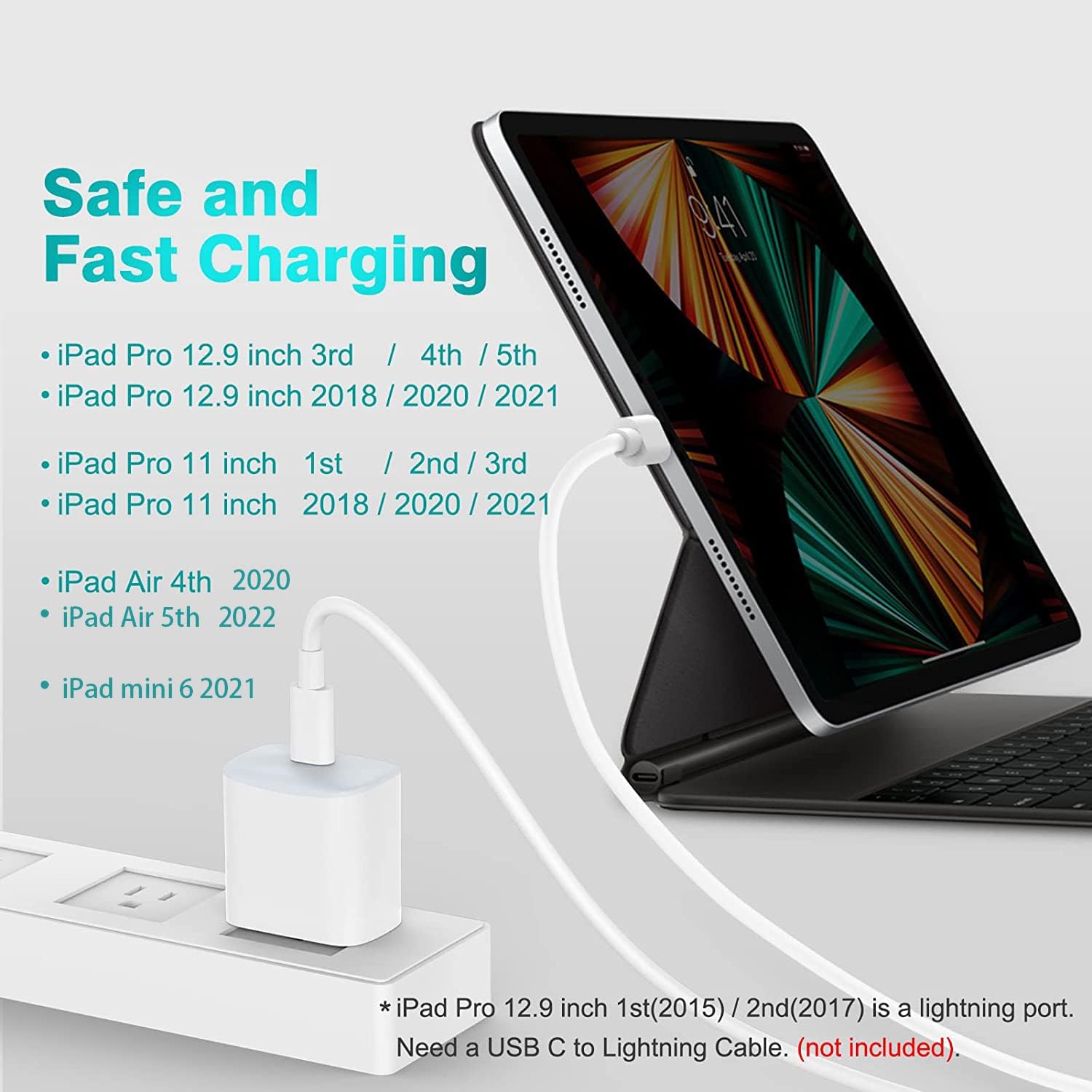 20W USB C Fast Wall Charger Compatible with iPad Pro 12.9/11 inch 2021/2020/ 2018, iPad Air 4th Gen 2020 and Google Pixel Cellphone. 6.6 ft USB C-C Cable Included