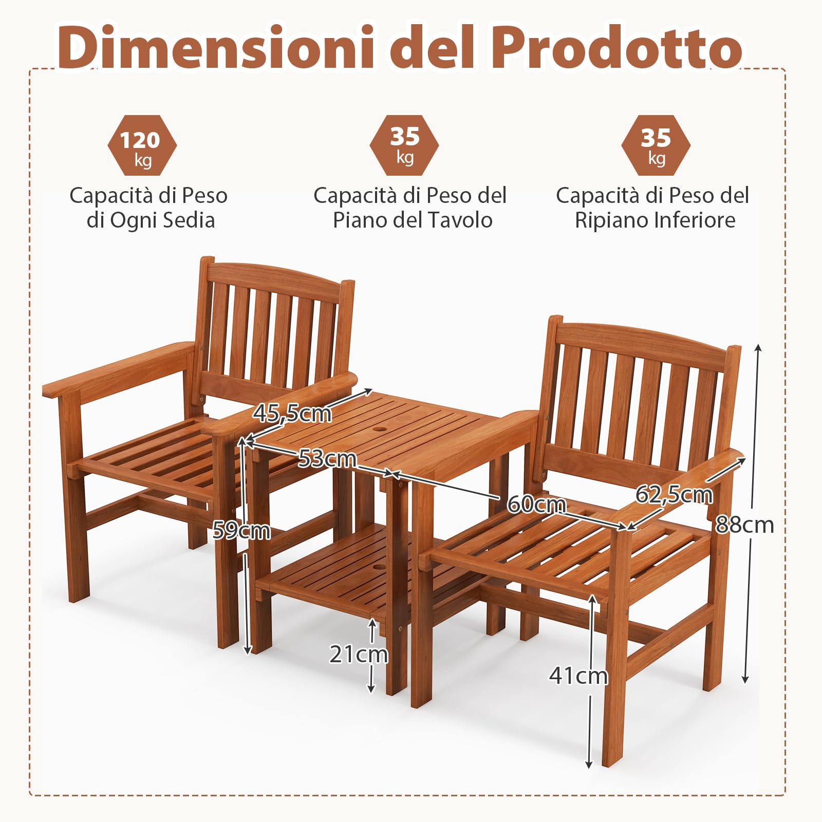 COSTWAY Set di 3 Pezzi da Giardino, Tavolino e 2 Sedie da Patio in Legno, con Foro per Ombrellone, Set di Mobili da Esterno a 3 Pezzi per Giardino, Tavolino Portato 35 kg, Sedia Portata 120 kg