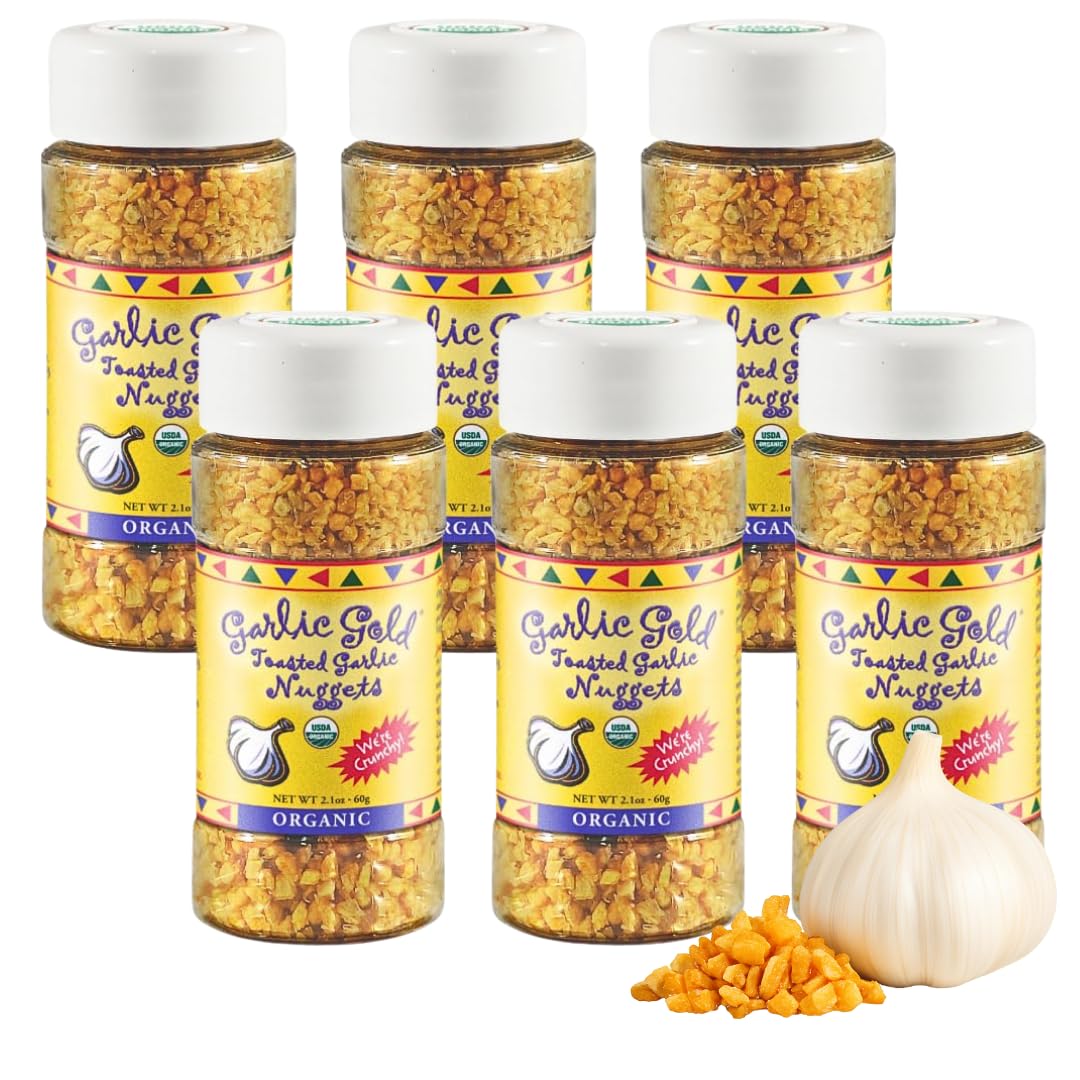 Garlic Gold Toasted Nuggets, Crunchy Roasted Garlic Seasoning, USDA Certified Organic Salad Topper, Keto Paleo Friendly (2.1 Ounces, 6 Pack)