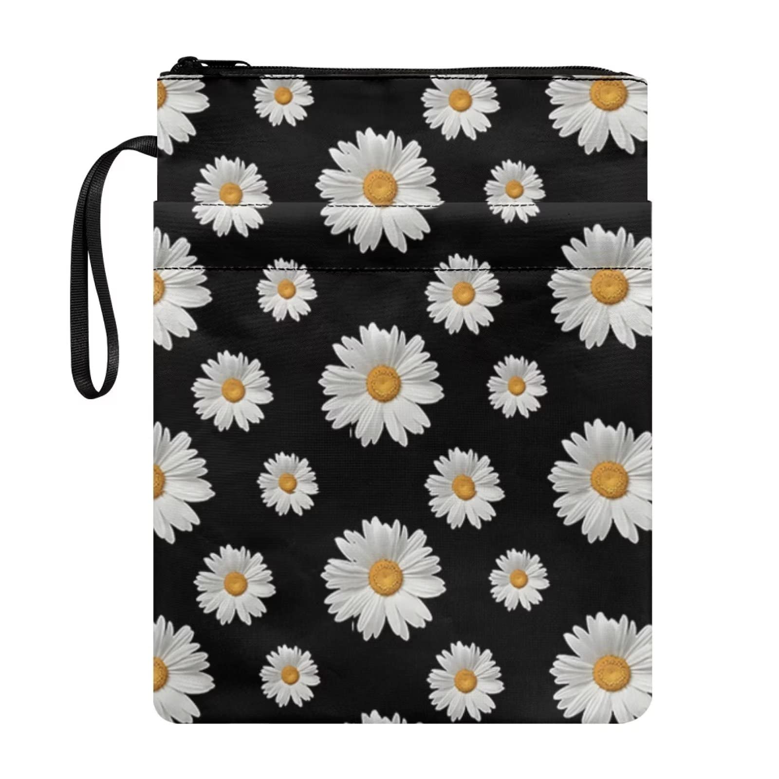 COEQINE Black Daisy Book Sleeves, Book Cover Case with Zipper for Casual Book Paperback Cover Fabric Book Cover with Front Pocket