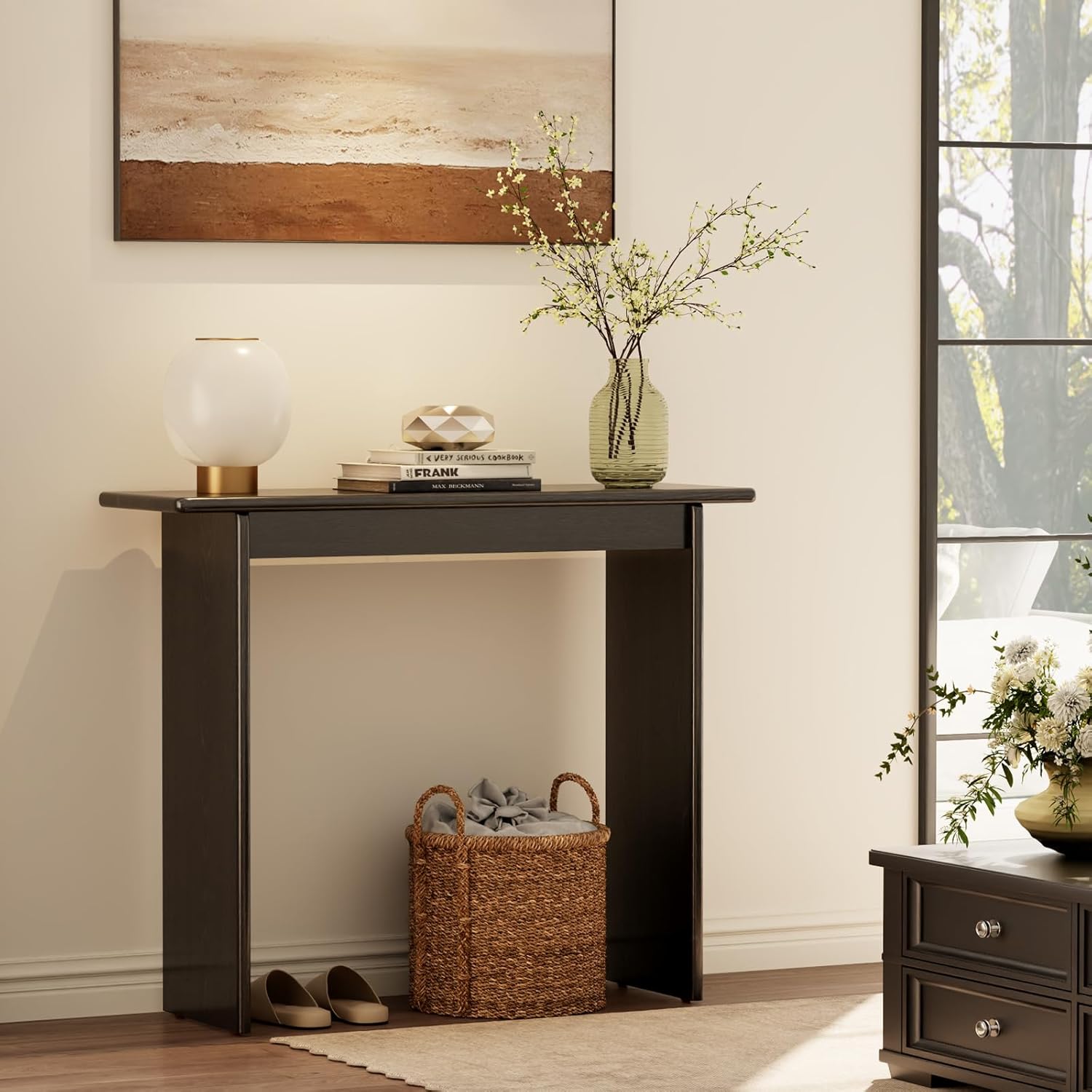 AQIMUELE Black Console Table Thin Rubberwood Minimalist Mid-Century Style | Stable and Sturdy 11.8" D x 39.4" W x 31.5" H for Entryway/Sofa Back