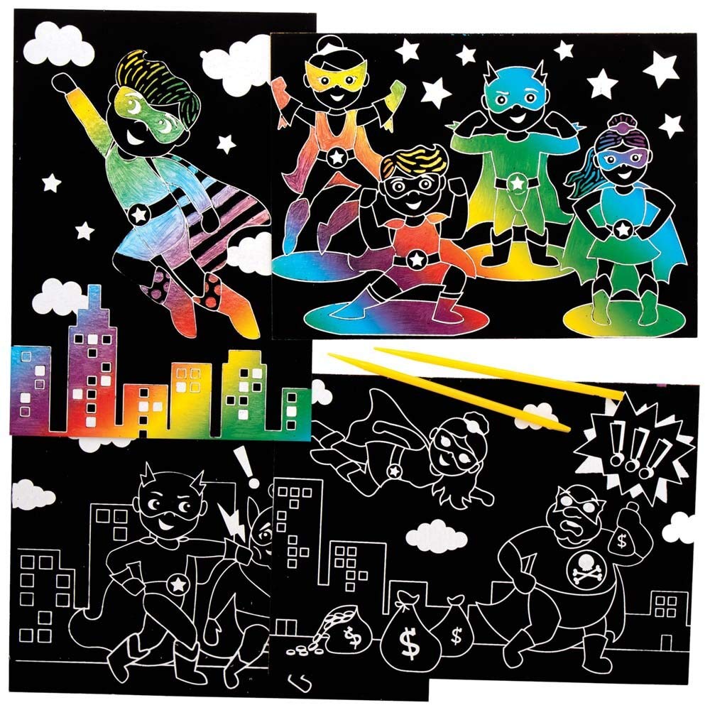 Baker Ross FE426 Star Hero Scratch Art Pictures - Pack of 8, Engraving Art for Children, Creative Activities for Kids, Art Set for Creative Minds