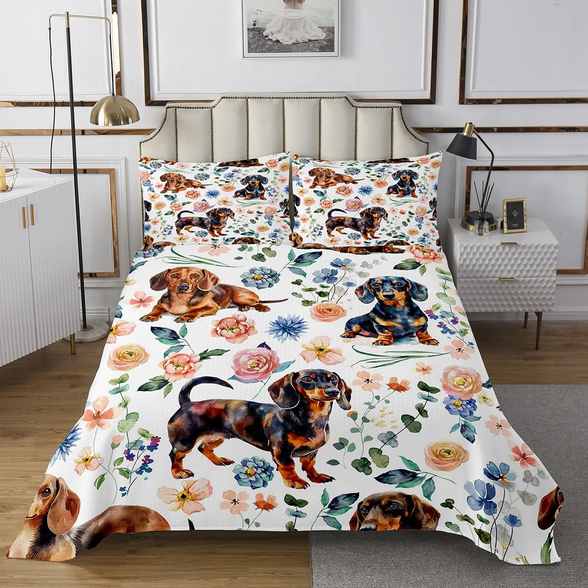 jejeloiu Kids Cute Dachshund Coverlet Set Queen Size, Floral Dachshund Bedspread Pet Dog Quilted Coverlet for Boys Girls Dog Animal Quilted with 2 Pillow Case
