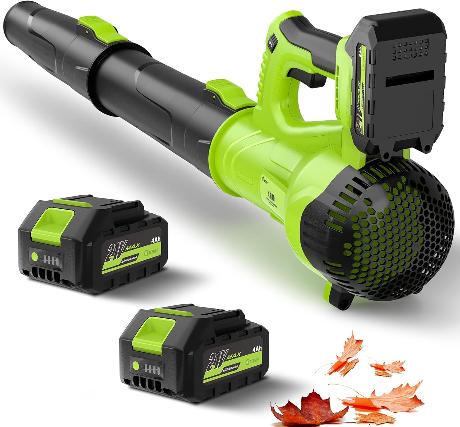 GREENER 21V Leaf Blower Cordless - 430CFM/135MPH 6 Speed Modes Electric Leaf Blower with 2 X 2.0Ah Battery