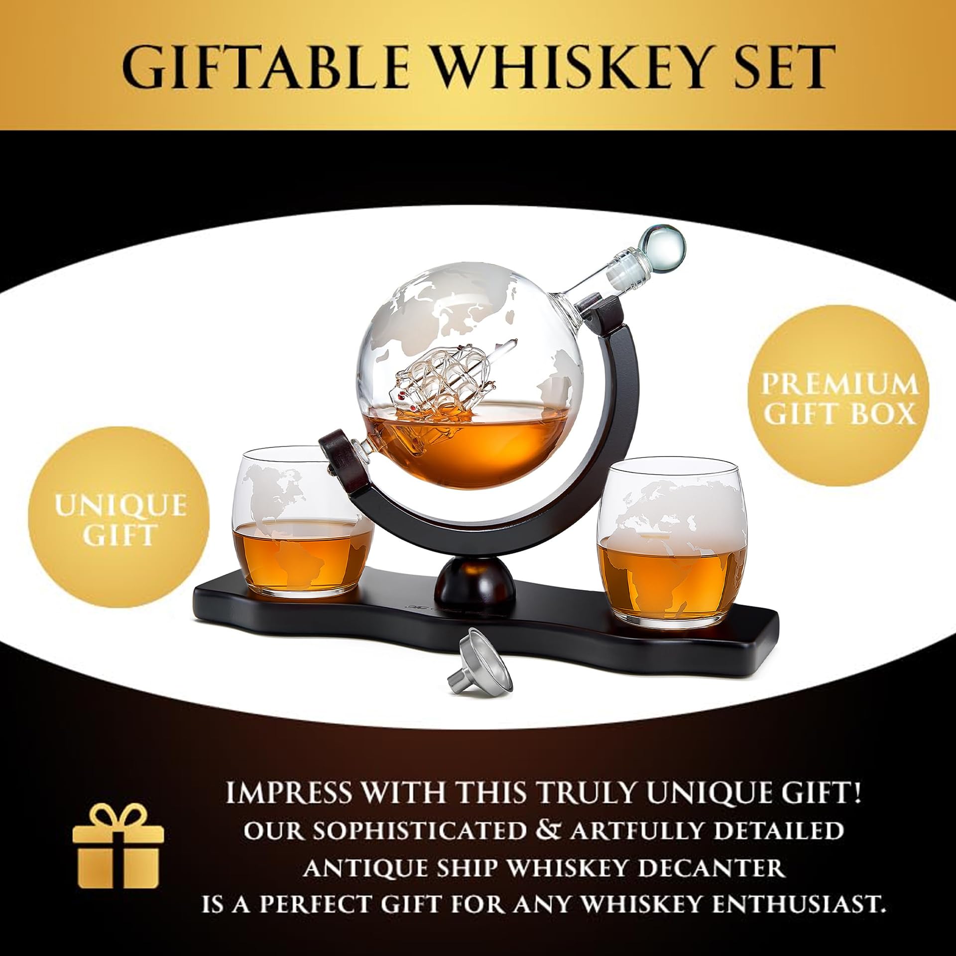 Cadeaux pour papa, hommes Carafe à whisky et à vin Globe World Set avec verres globe Anniversaire Réchauffement de la maison pour liqueur Scotch Bourbon Vodka, Cadeau pour lui - 850 ml