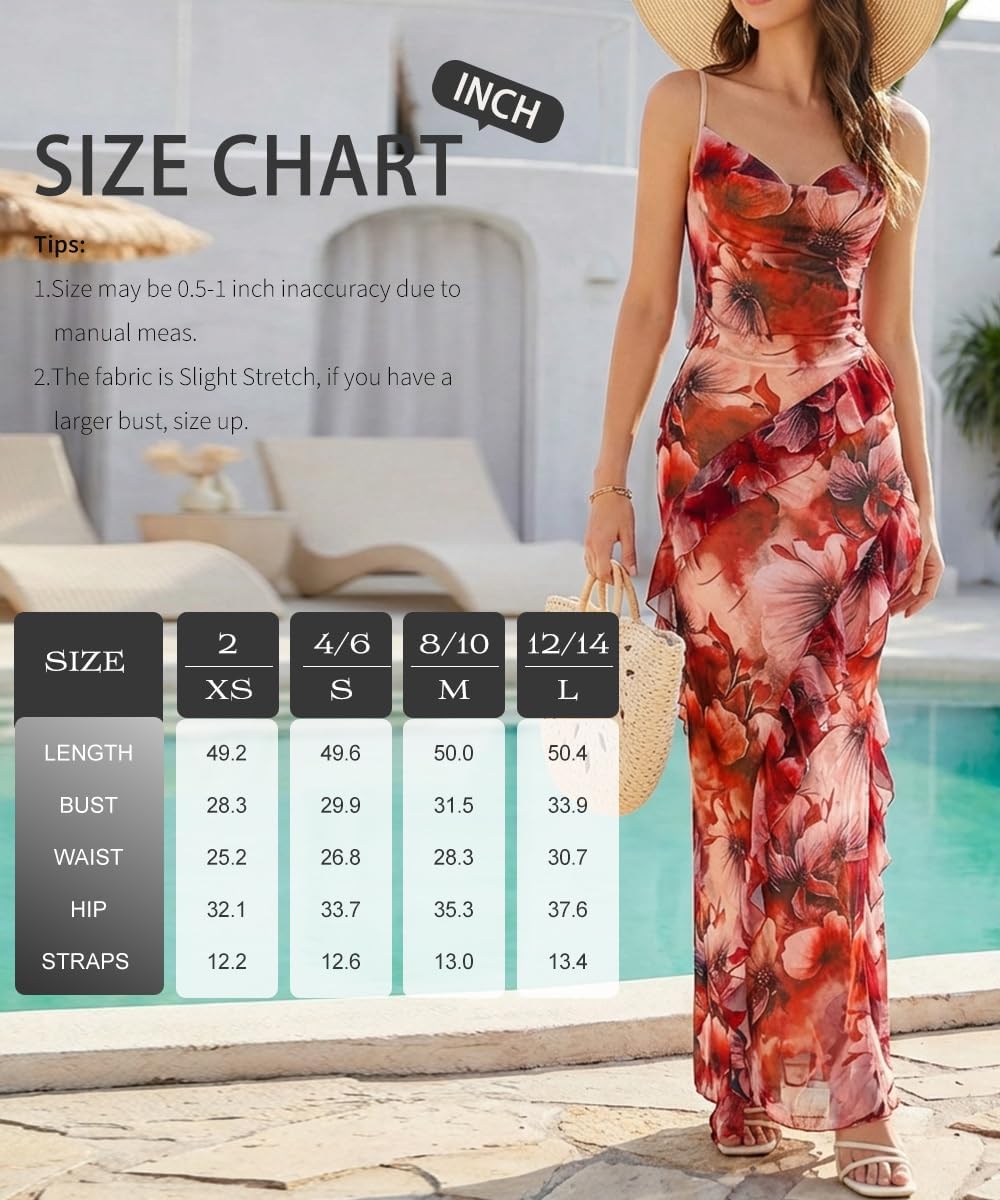 SKAYS Women's Ruffle Bodycon Maxi Long Dress Spaghetti Strap Cowl Neck Cocktail Summer Beach Wedding Guest Dress