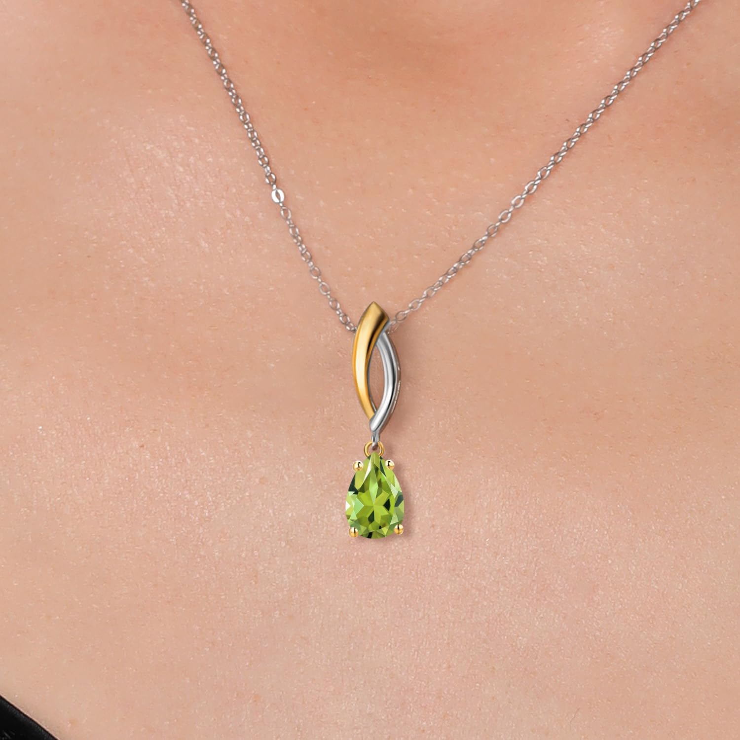 Gem Stone King 925 Silver and 10K Yellow Gold Green Peridot Pendant Necklace for Women | 0.92 Cttw | Gemstone August Birthstone | Pear Shape 8X5MM | With 18 Inch Silver Chain - Image 3