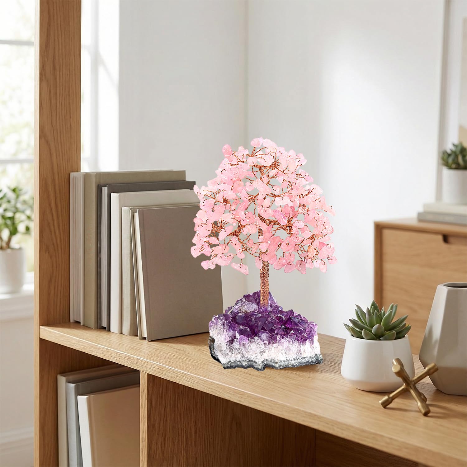 Crystal Tree - Albero dei soldi con ametista, decorazione da scrivania con albero della vita viola, accessori per ufficio zen, regalo di compleanno unico per donne, arte con cristalli di
