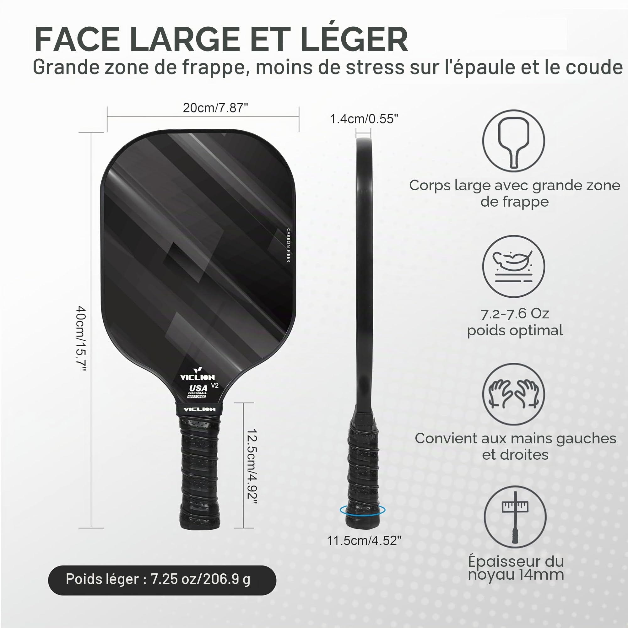 VICLION Lot de 2 Raquettes de Pickleball en Fibre de Carbone T300, Homologuées USA Pickleball, Surface Texturée, Noyau PP 13 mm, avec 4 Balles, 2 Serviettes Rafraîchissantes et Sac