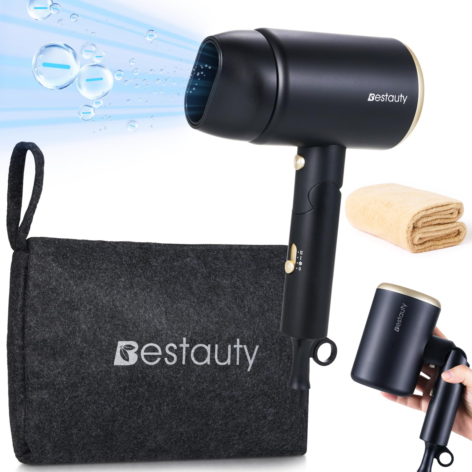 Phon Capelli Asciugacapelli Ionico Professionale 2000W, Mini Phon Capelli da Viaggio Potente, Portatile e Compatto, Manico Pieghevole, 3 Temperature, 1 Bocchetta per lo Styling e Asciugamano, Oro Nero Oro Nero.