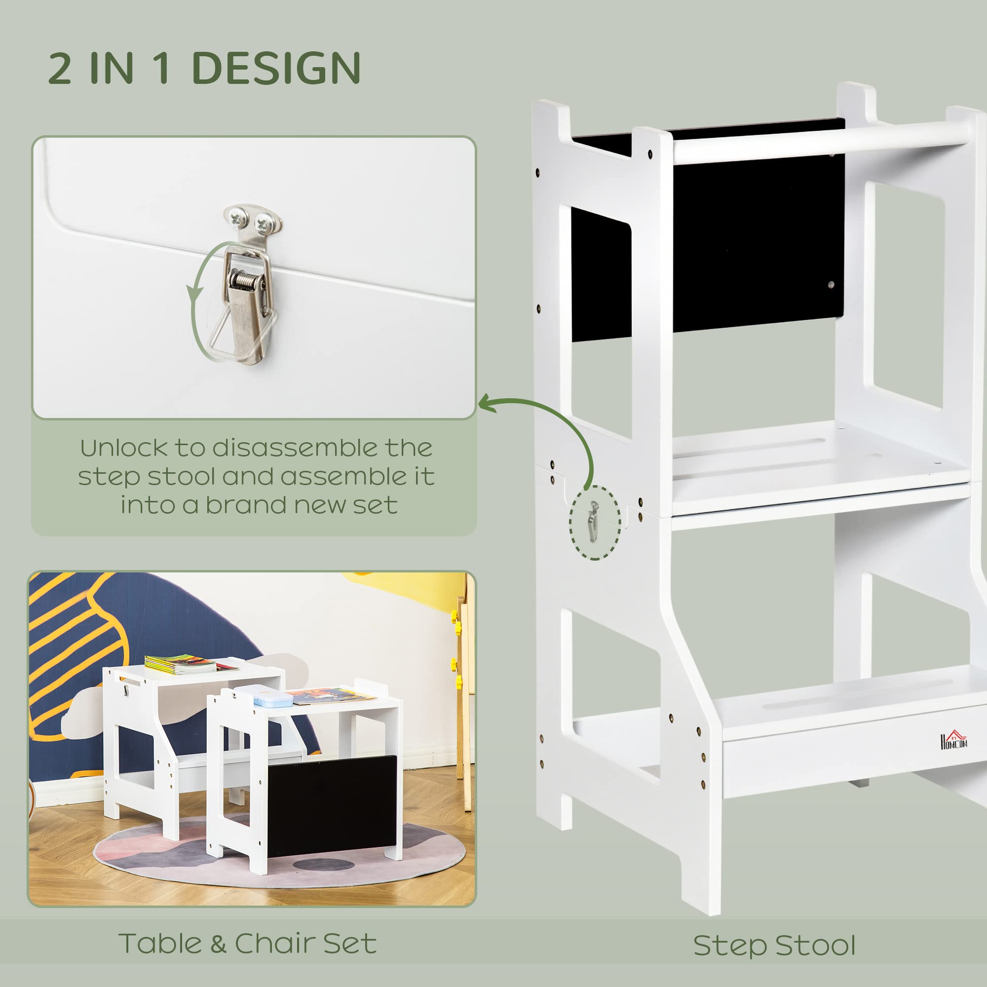 HOMCOM 2 in 1 Kids Kitchen Step Stool with Safety Rail Toddler Steps with Chalkboard for Kitchen Bathroom White - Image 3
