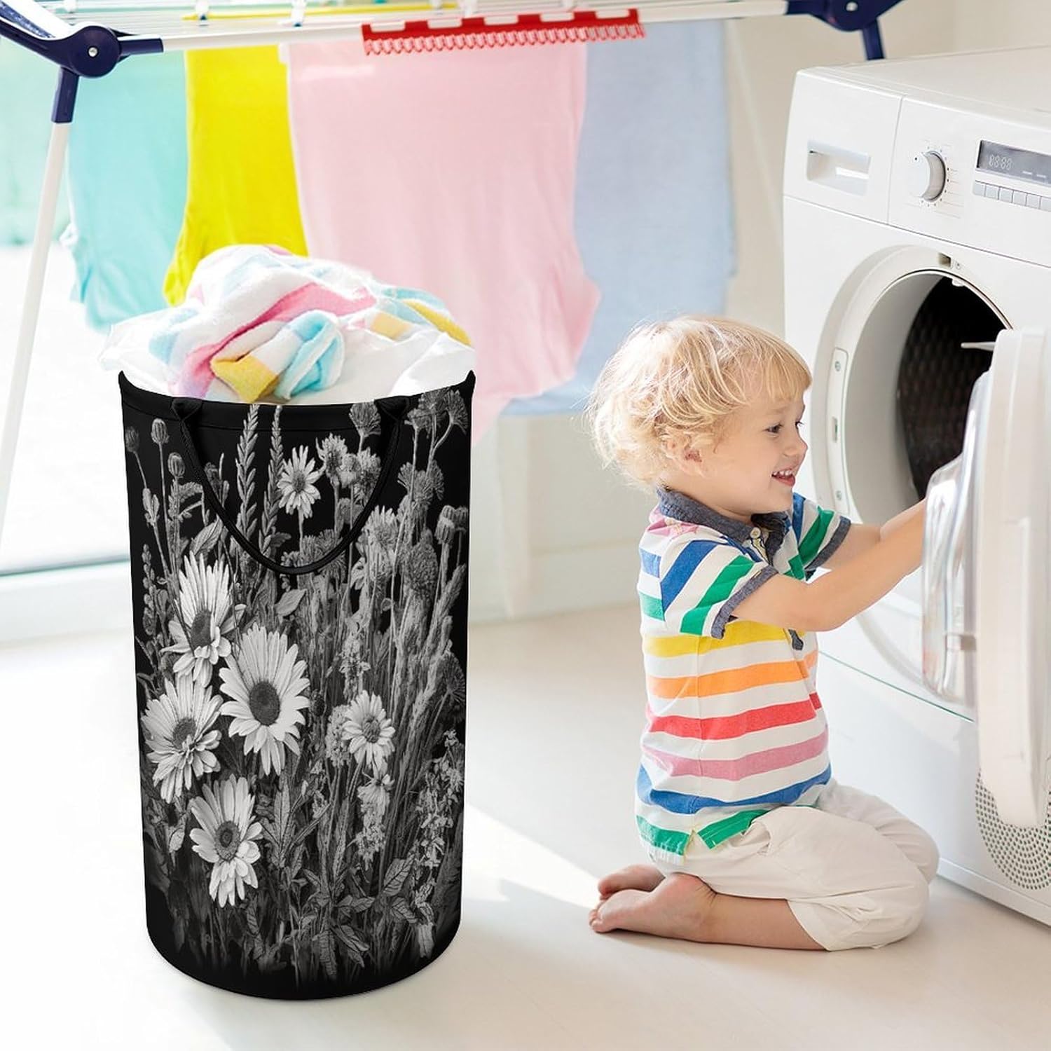 Black And White Flowers Laundry Hamper 86L Waterproof Collapsible Clothes Basket with Double Handles Freestanding Foldable Laundry Basket Large Clothes Hamper for Bathroom