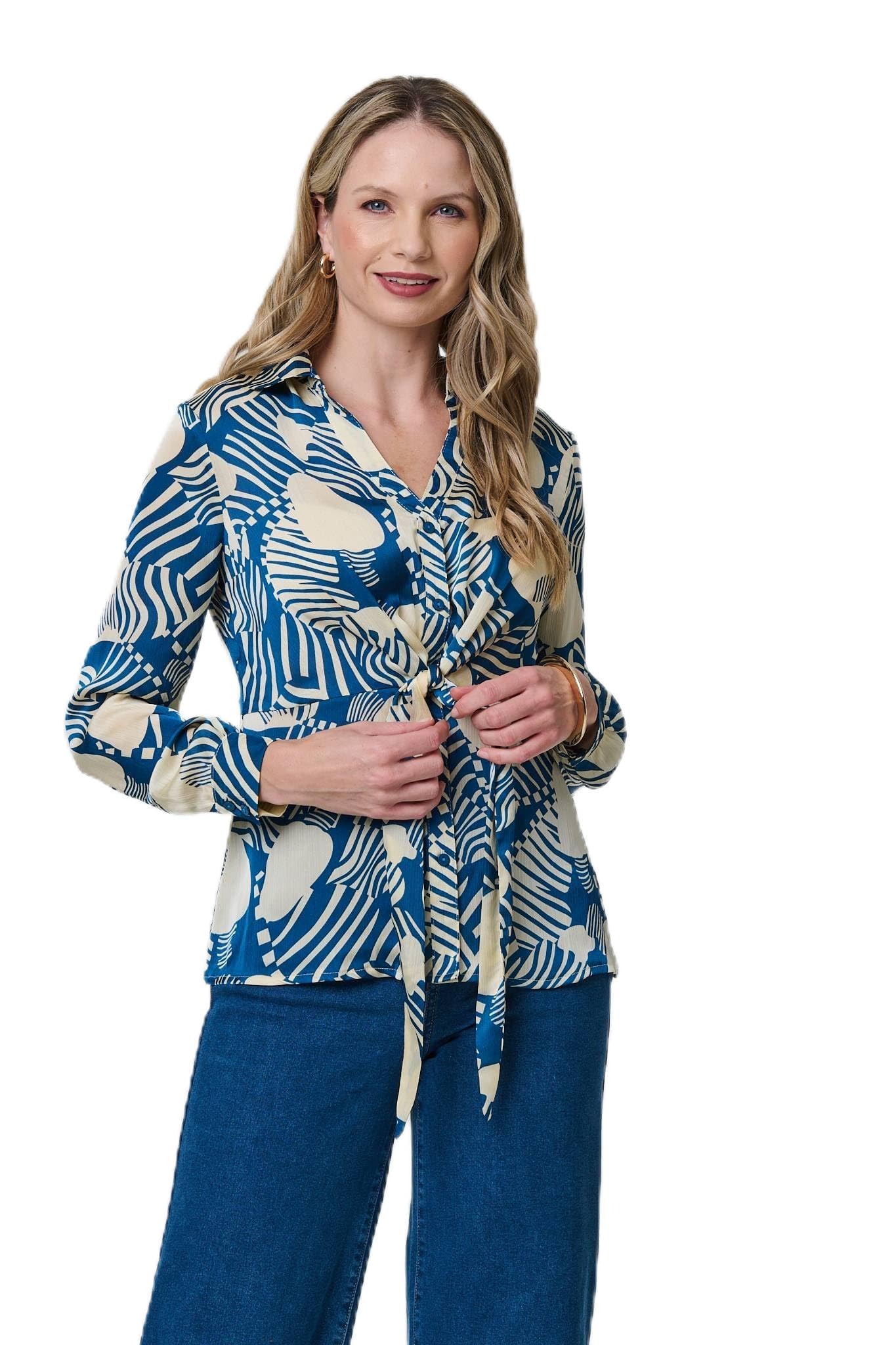Izabel London Women's Green Printed Tie Front Long Sleeve Blouse In Size 16