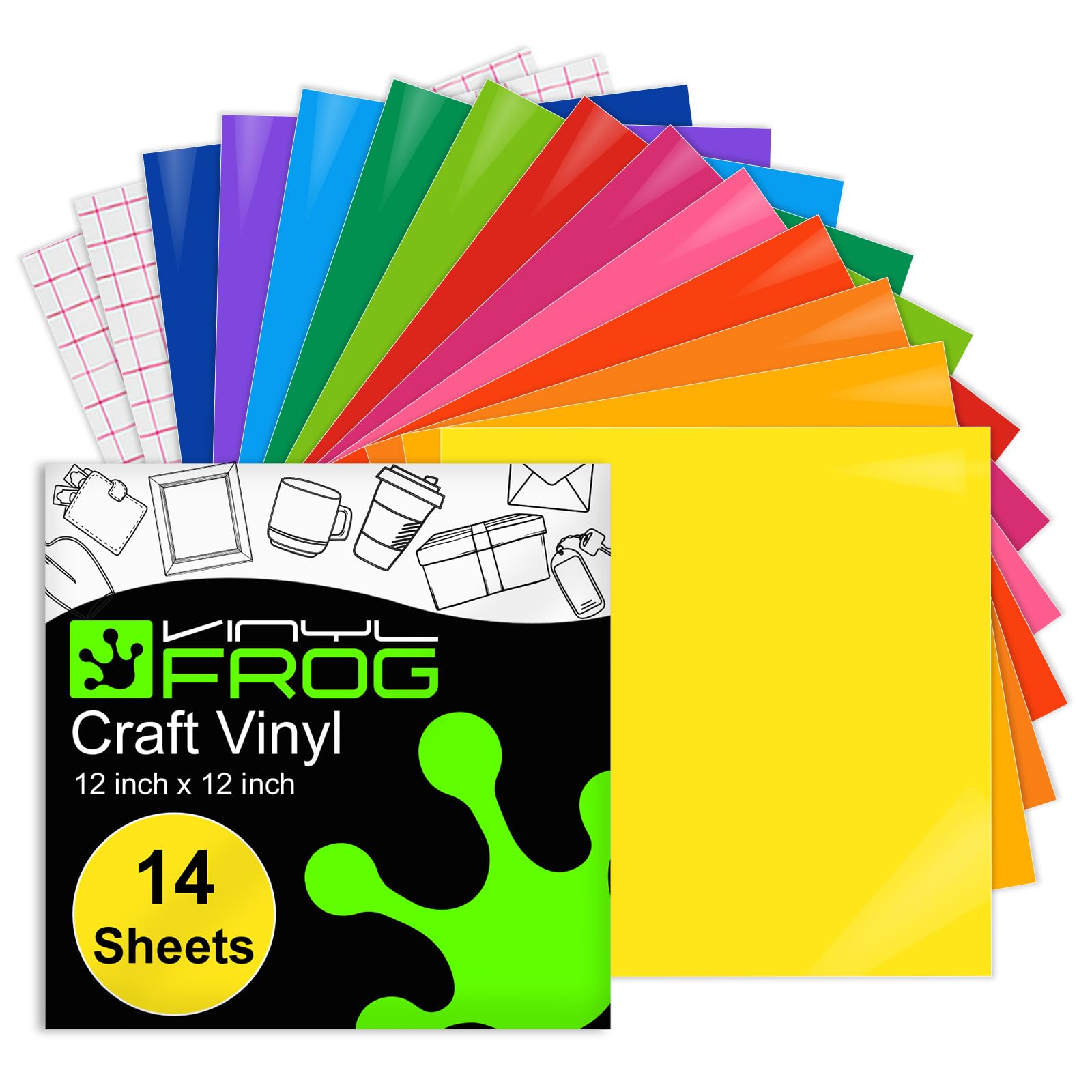 VINYL FROG Permanent Vinyl Bundle 12‘’x12'' Glossy Adhesive Vinyl 14 Sheets 12 Self Adhesive Vinyl+2 Transfer Tape for Home Decor Birthday Party Mug DIY Gift