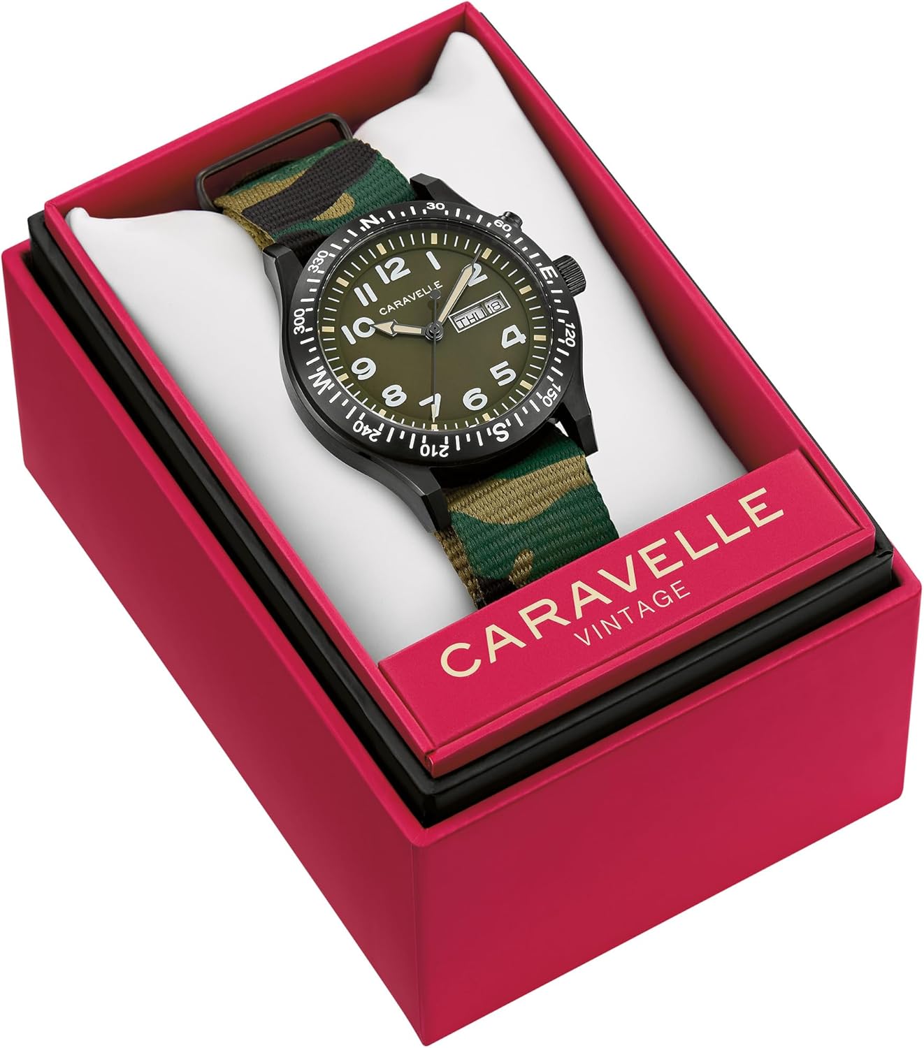 Caravelle by Bulova Men's Quartz Watch, Vintage Light Up, Camouflage Nylon Strap, Green Dial, Day/Date Style: 45C121