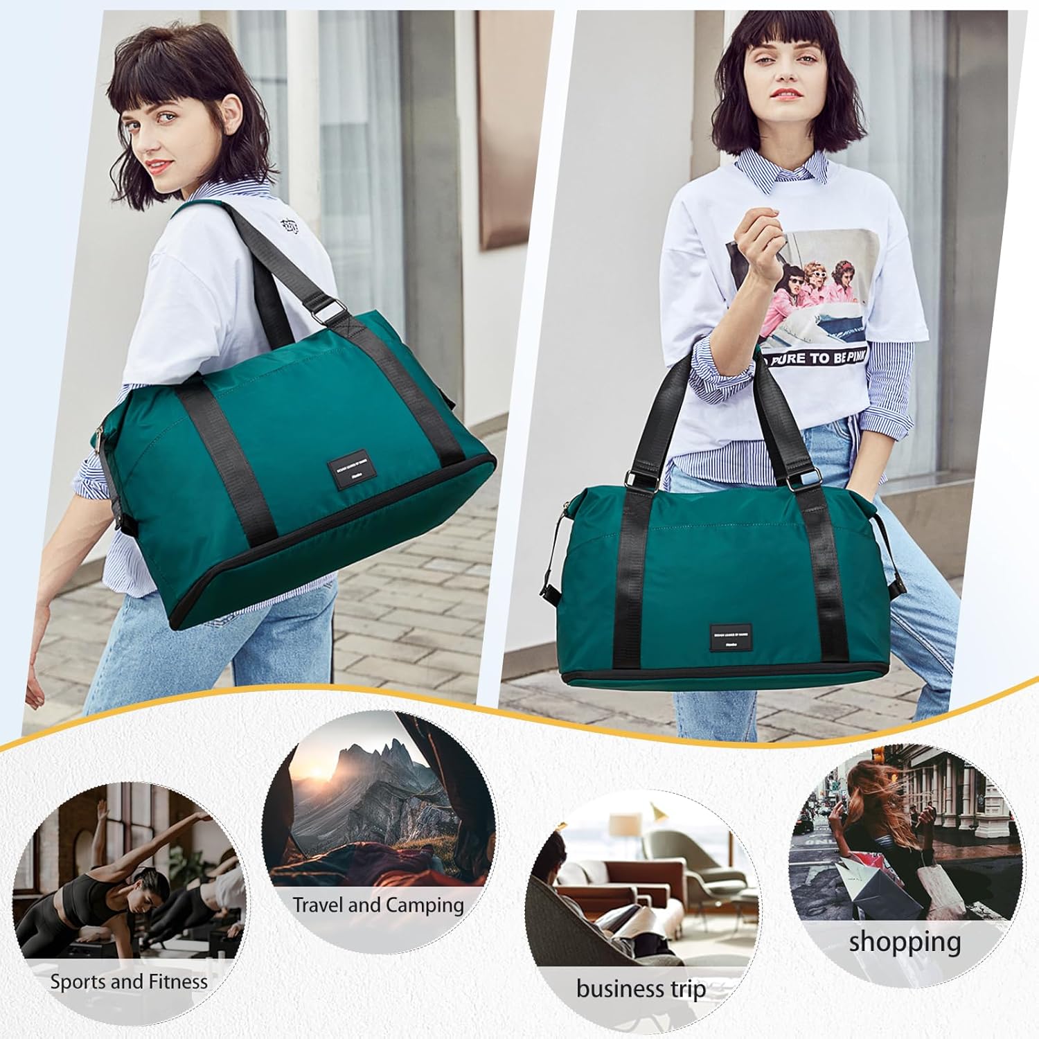 Hanke Expandable Travel Tote Bag 39L, Foldable Duffle Bag for Travel, Carry On Weekend Bags for Women With Multiple Pockets（Jungle Green）