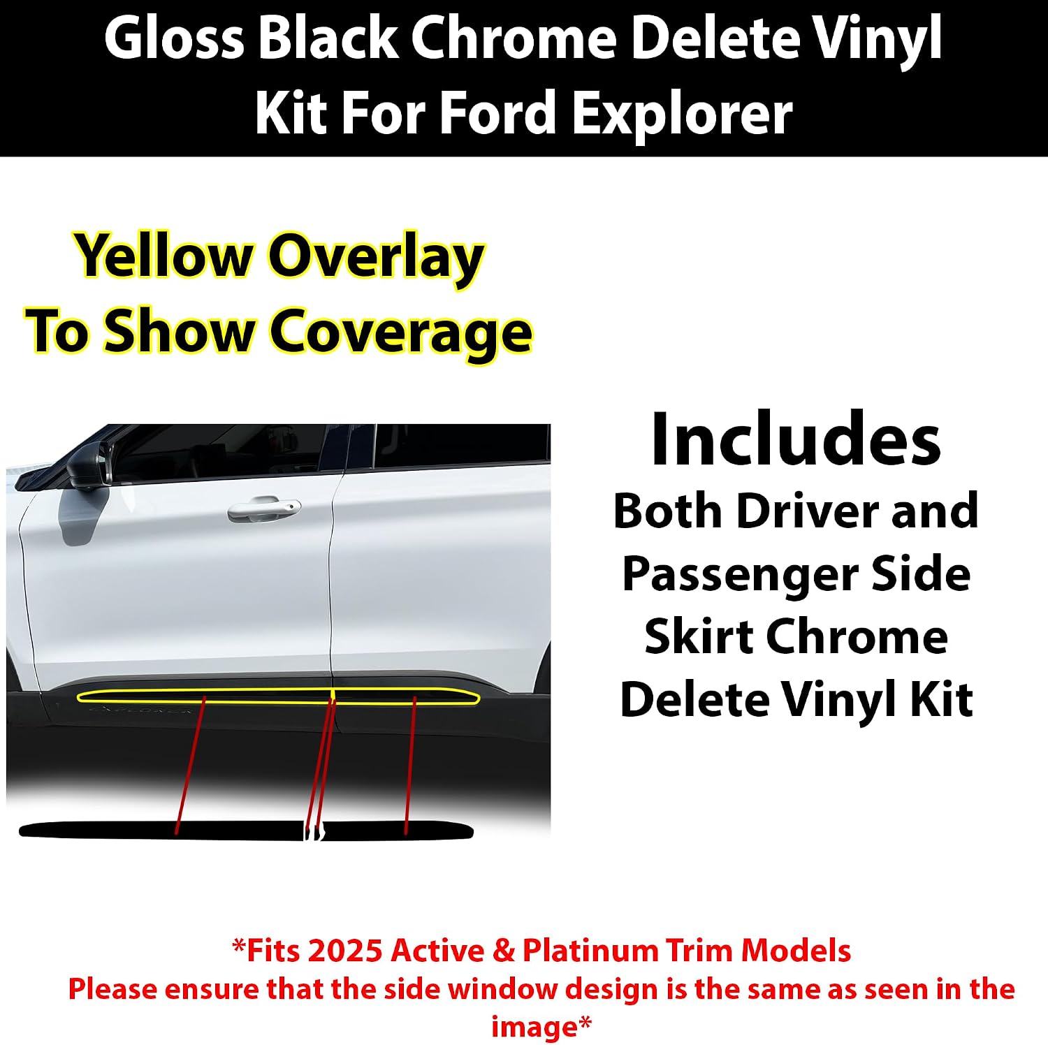 BOGAR TECH DESIGNS for Ford Explorer 2025-2026 Lower Side Chrome Delete – Precut Vinyl Trim Overlay, Gloss Black Blackout Look