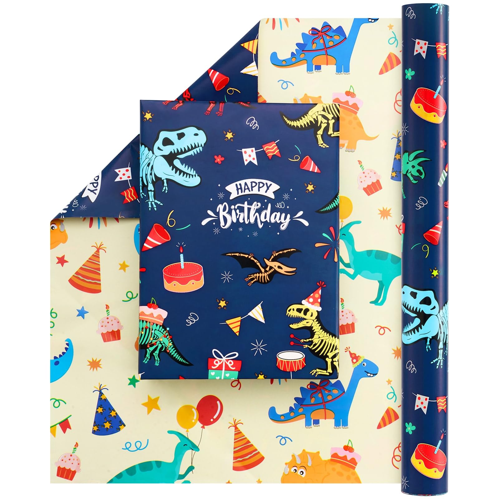 WERNNSAI Dinosaur Birthday Wrapping Paper - 1 Roll 17” x 33 ft Dinosaur Gift Wrapping Paper Blue Yellow Reversible Design for Boy Birthday Celebration Party Gift Packing Supply Baby Shower Wrap Paper