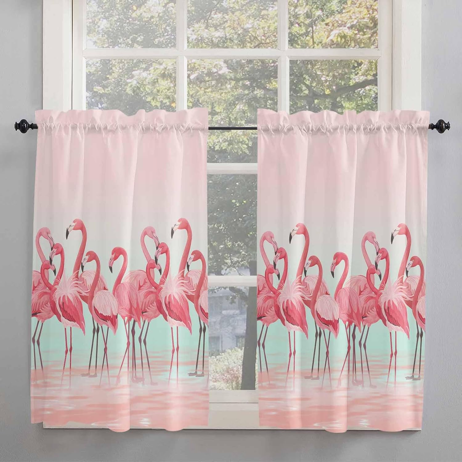 Pink Flamingos Kitchen Curtain 45 Inch Length, Small Short Cafe Tiers Curtains Drape, Summer Fall Tropical Birds, 2 Panel Window Treatment Rod Pocket Drapery Panels Curtains 55x45