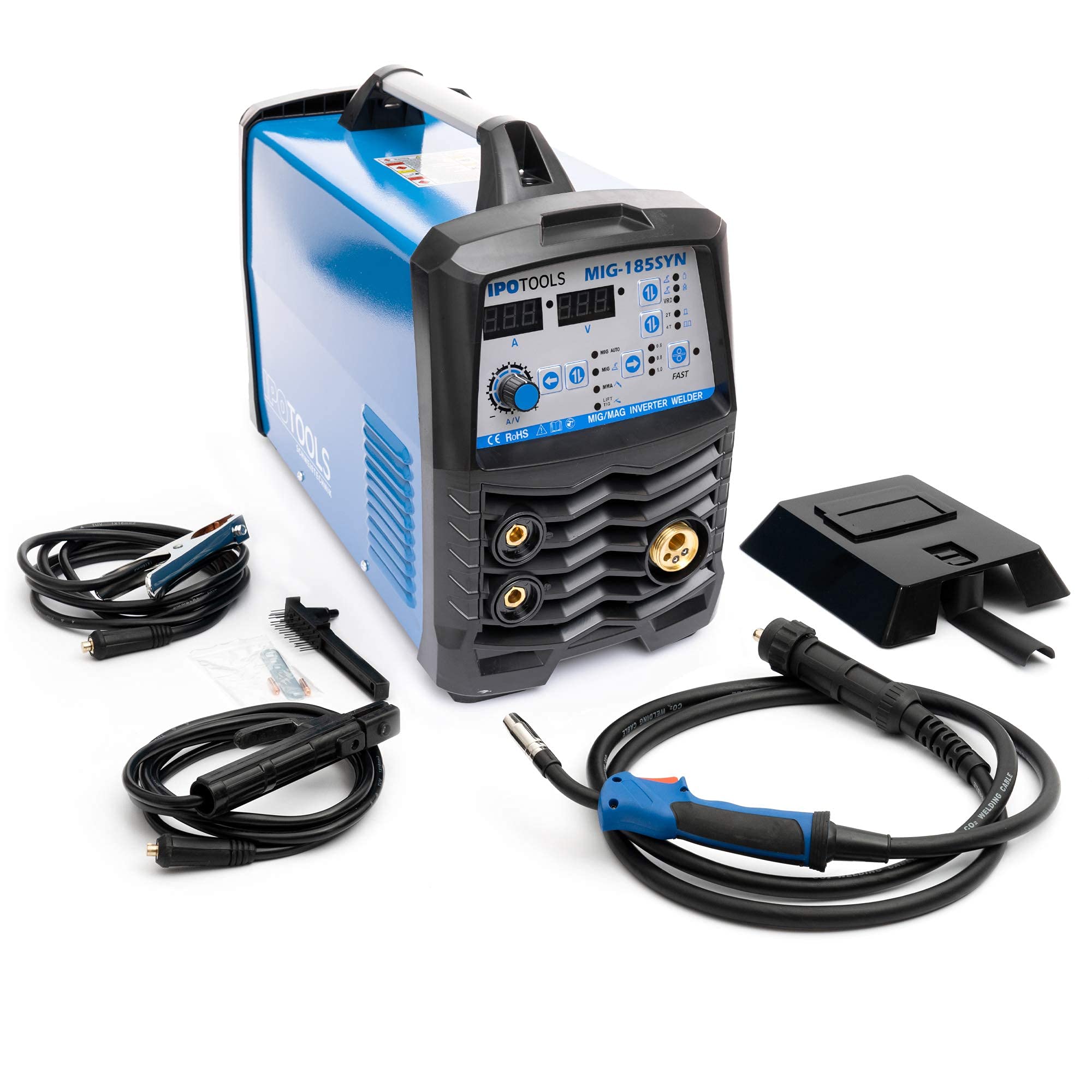 IPOTOOLS Spawarka MIG-185SYN MIG MAG – spawarka gazowa ochronna, 185 amperów, funkcja synergiczna, drut wypełniający i elektrody, E-Hand/cyfrowy wyświetlacz, IGBT / 230 V / 7 lat