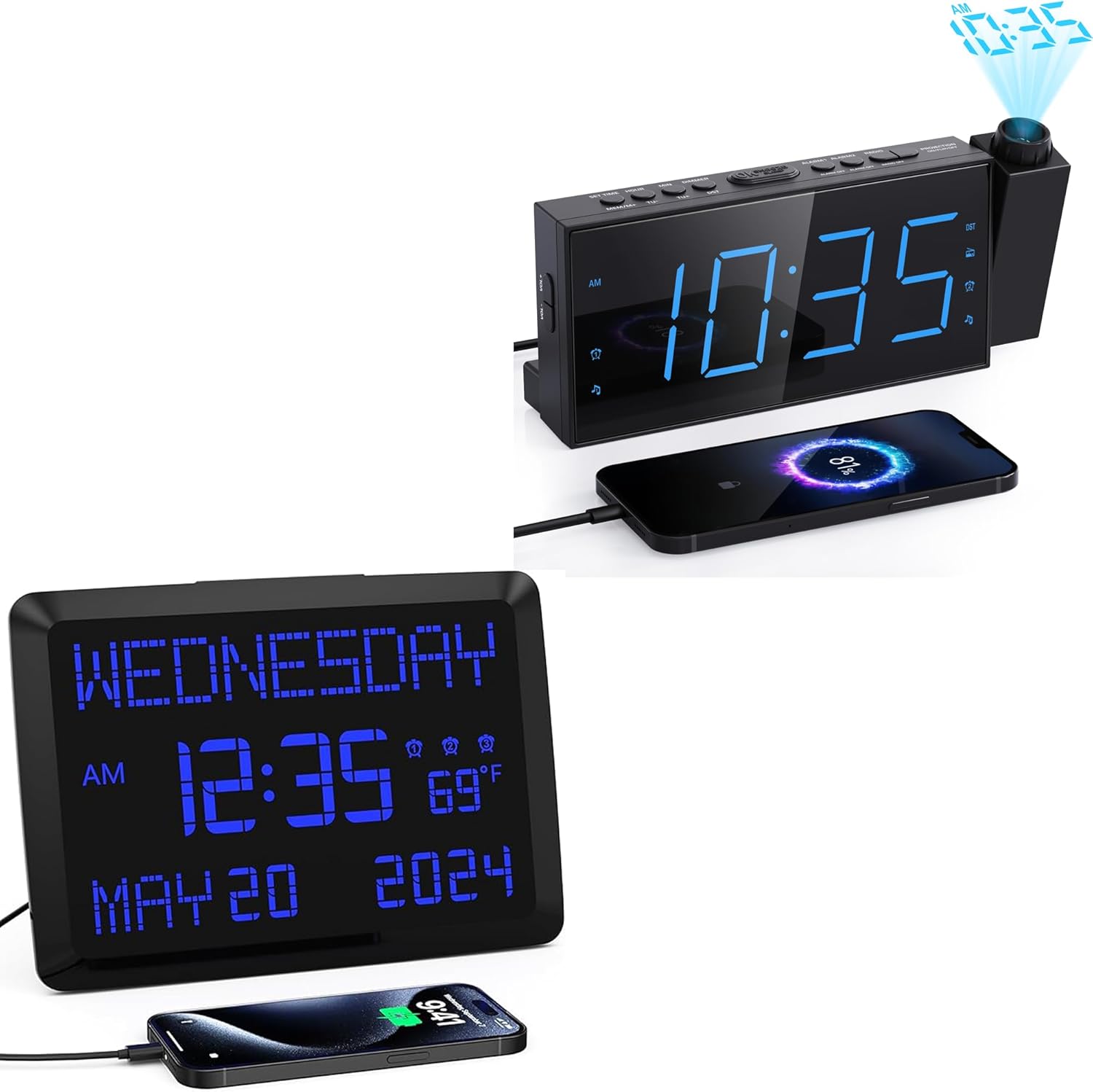 Mesqool FM Radio Projection Alarm Clock & 11.5” Digital Wall Clock